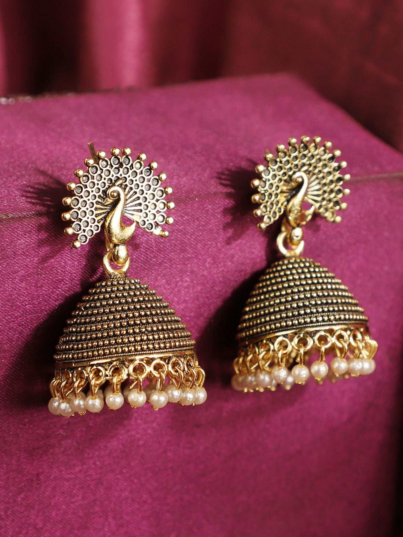 Women's Gold Plated Traditional Peacock Shape Pearl Brass Jhumka Earrings