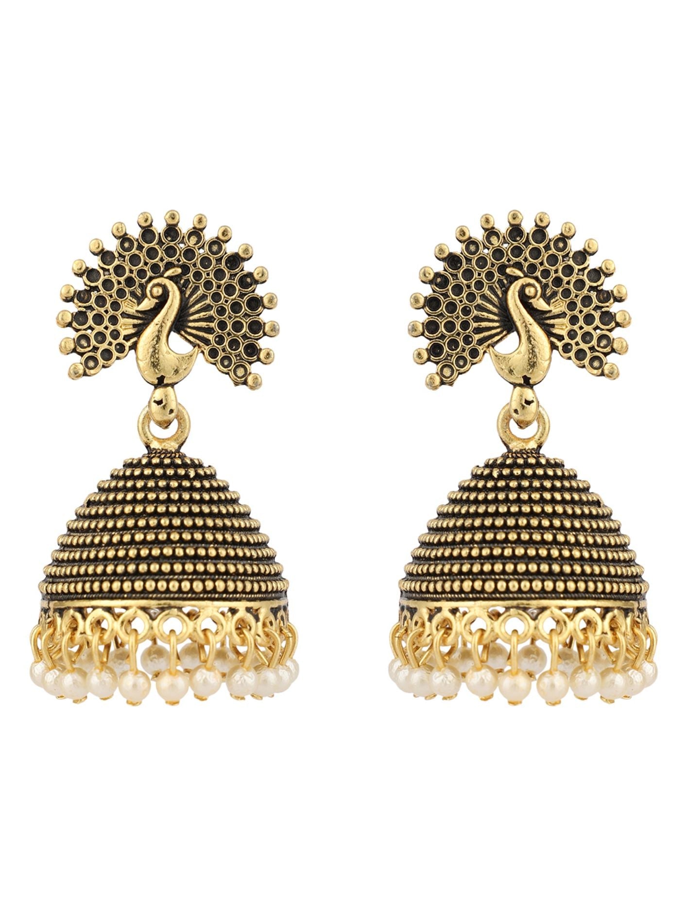 Women's Gold Plated Traditional Peacock Shape Pearl Brass Jhumka Earrings