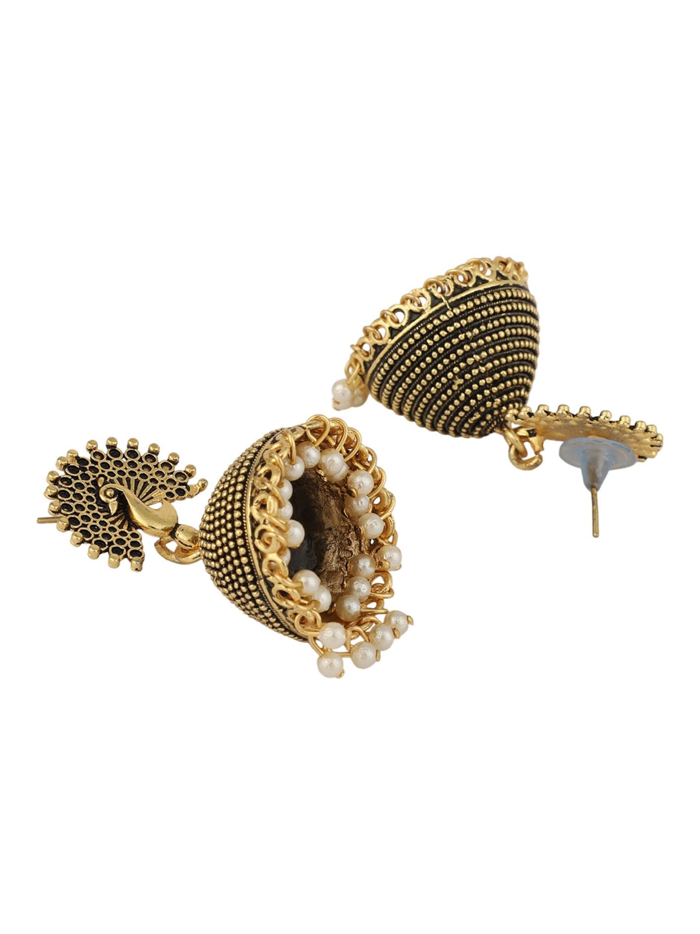 Women's Gold Plated Traditional Peacock Shape Pearl Brass Jhumka Earrings