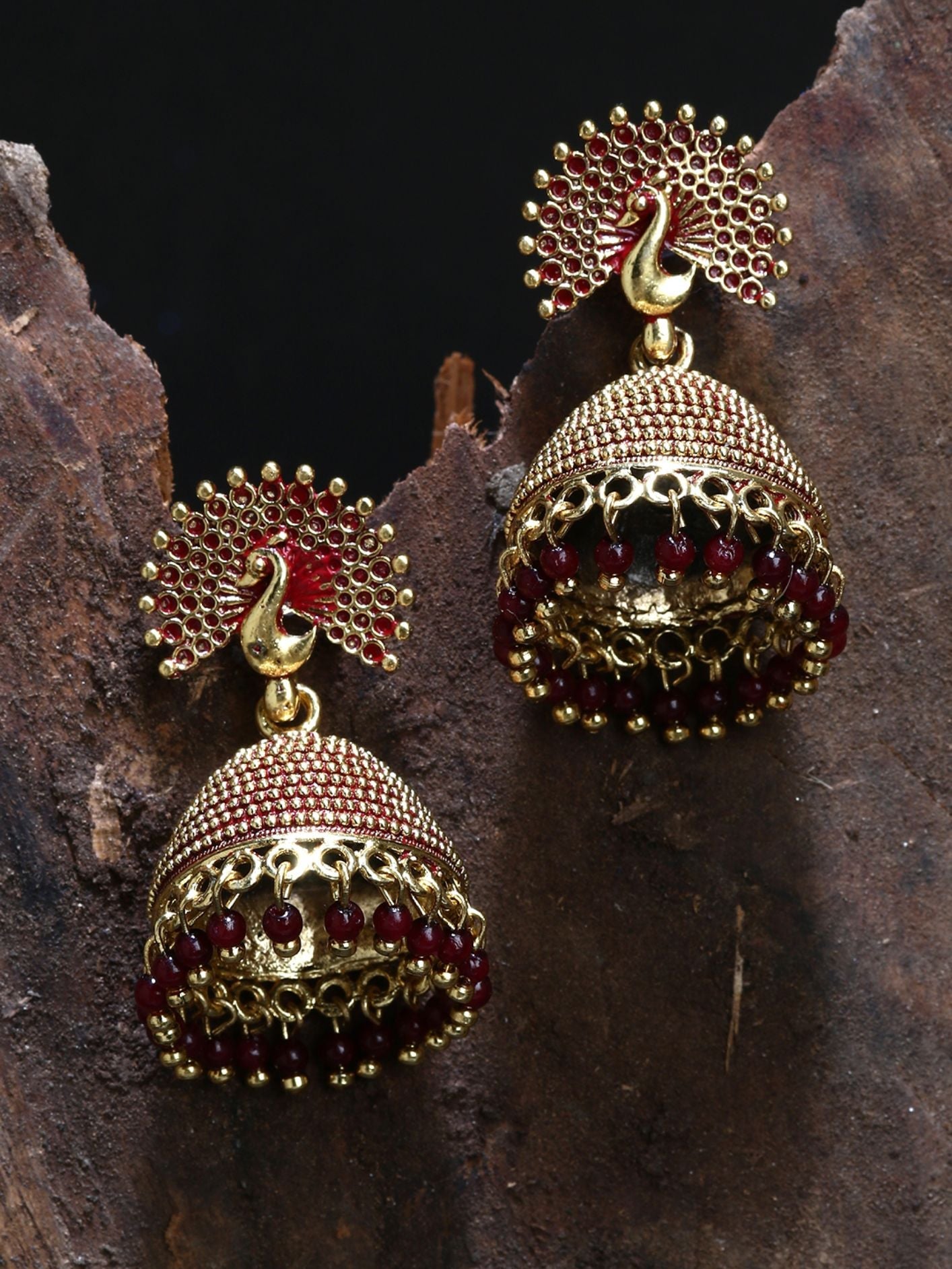 Women's Gold Plated & Maroon Enamelled Peacock Shaped Jhumkas