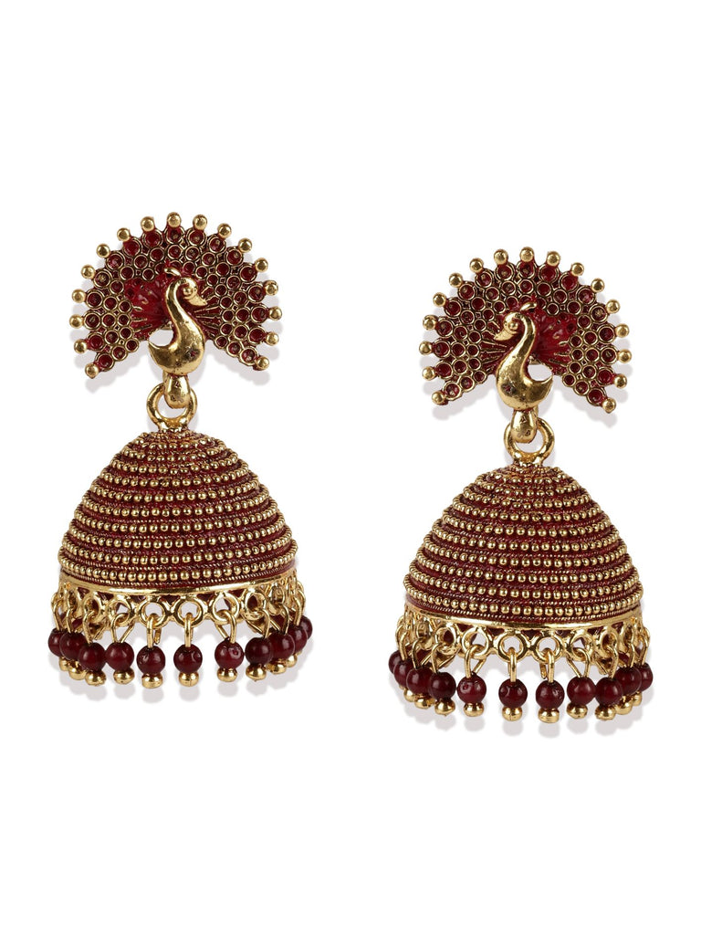 Women's Gold Plated & Maroon Enamelled Peacock Shaped Jhumkas