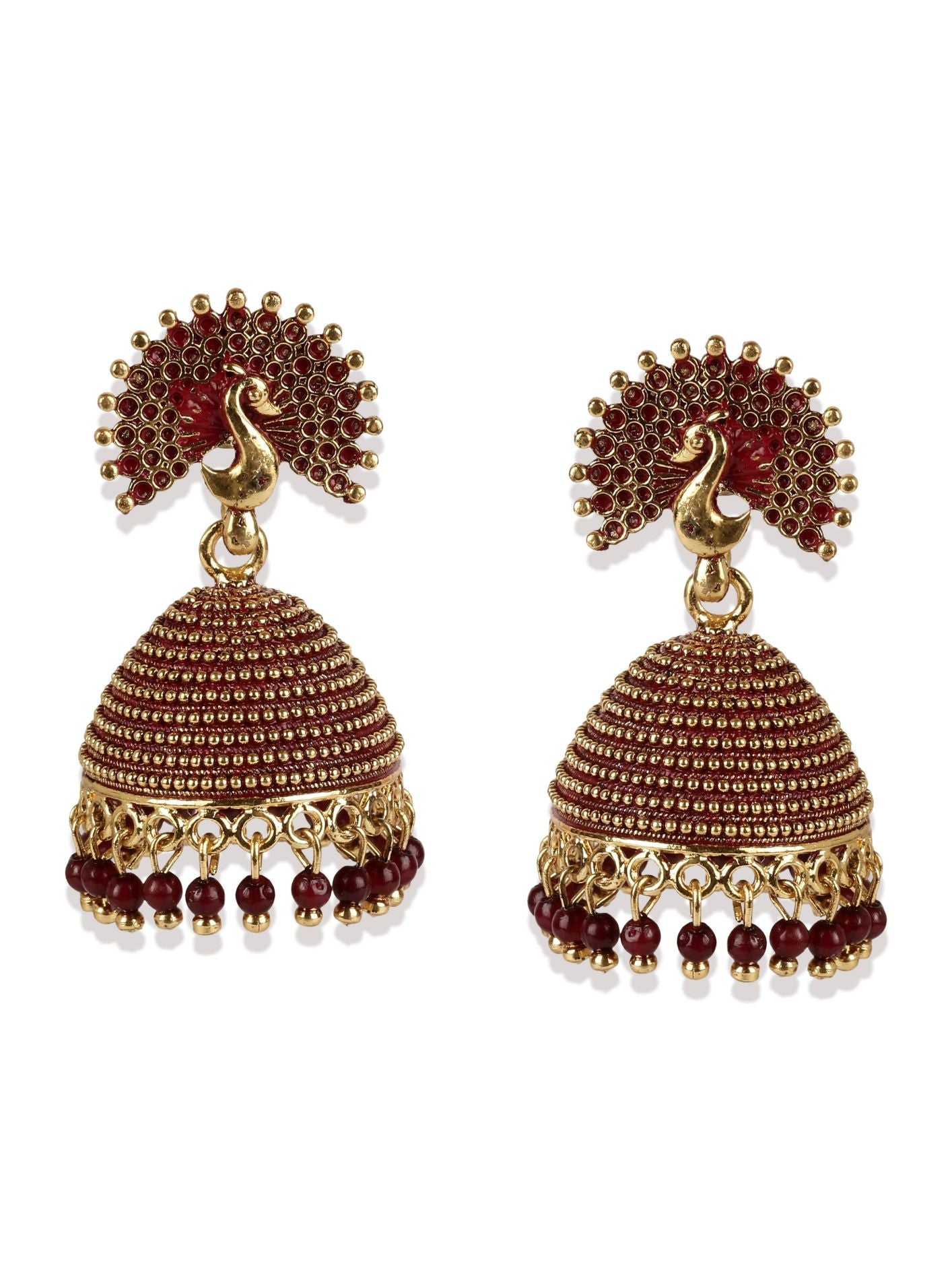 Women's Gold Plated & Maroon Enamelled Peacock Shaped Jhumkas