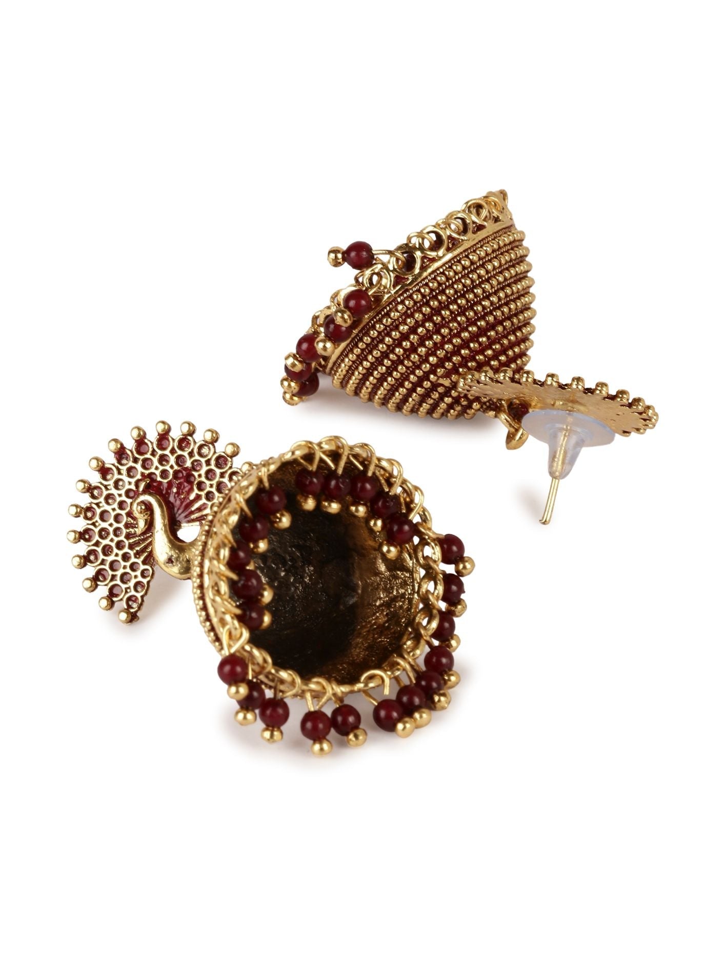 Women's Gold Plated & Maroon Enamelled Peacock Shaped Jhumkas