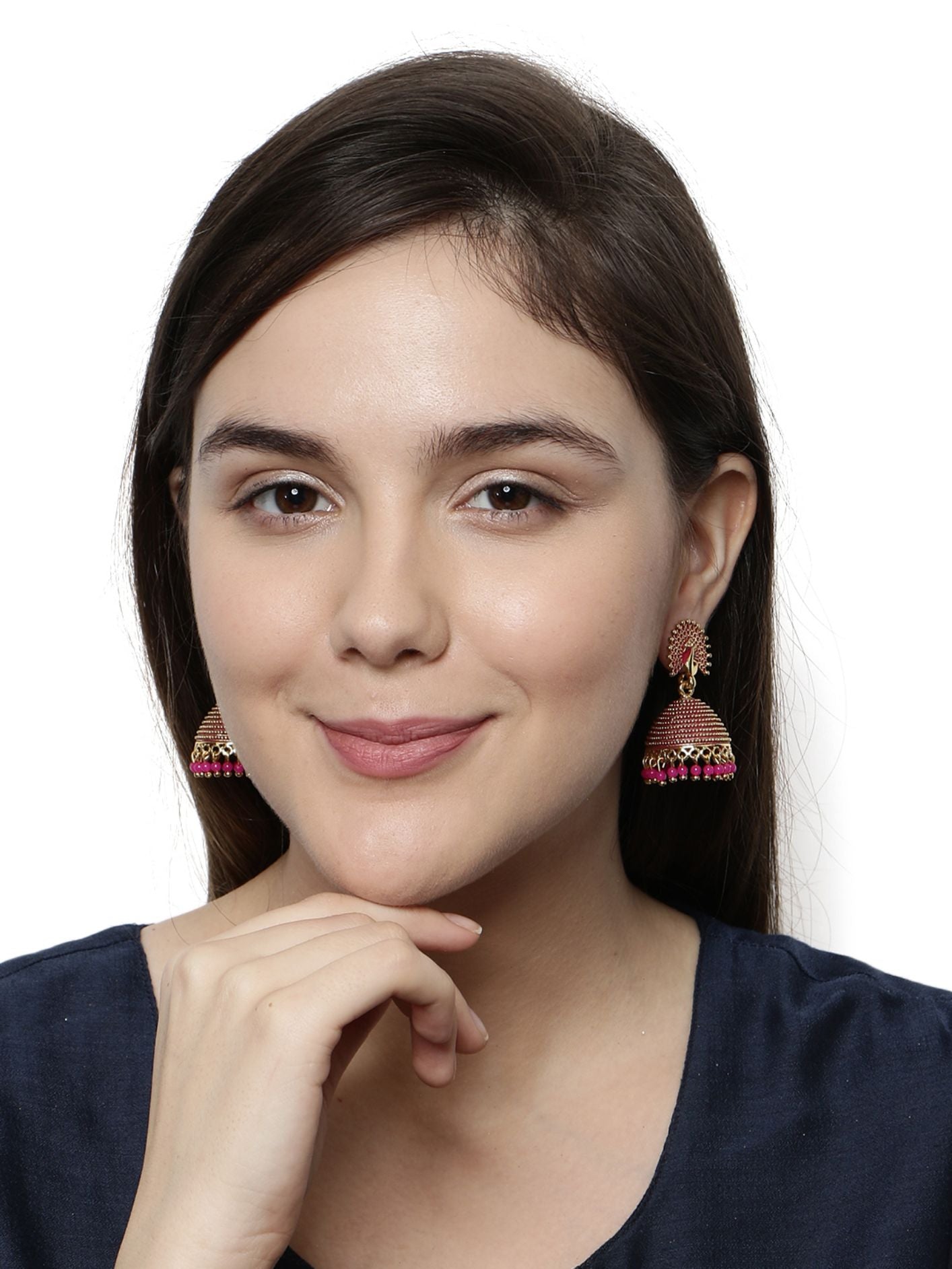 Women's Gold Plated & Pink Peacock Shaped Enamelled Jhumkas