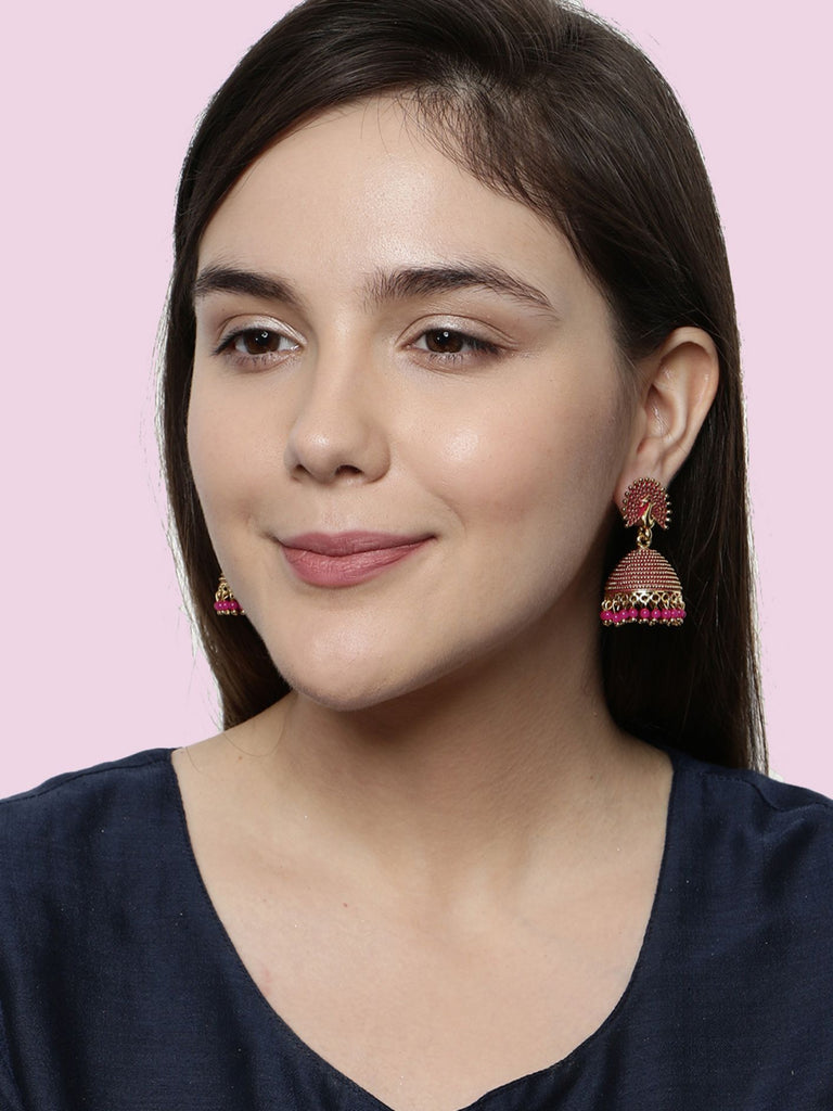 Women's Gold Plated & Pink Peacock Shaped Enamelled Jhumkas