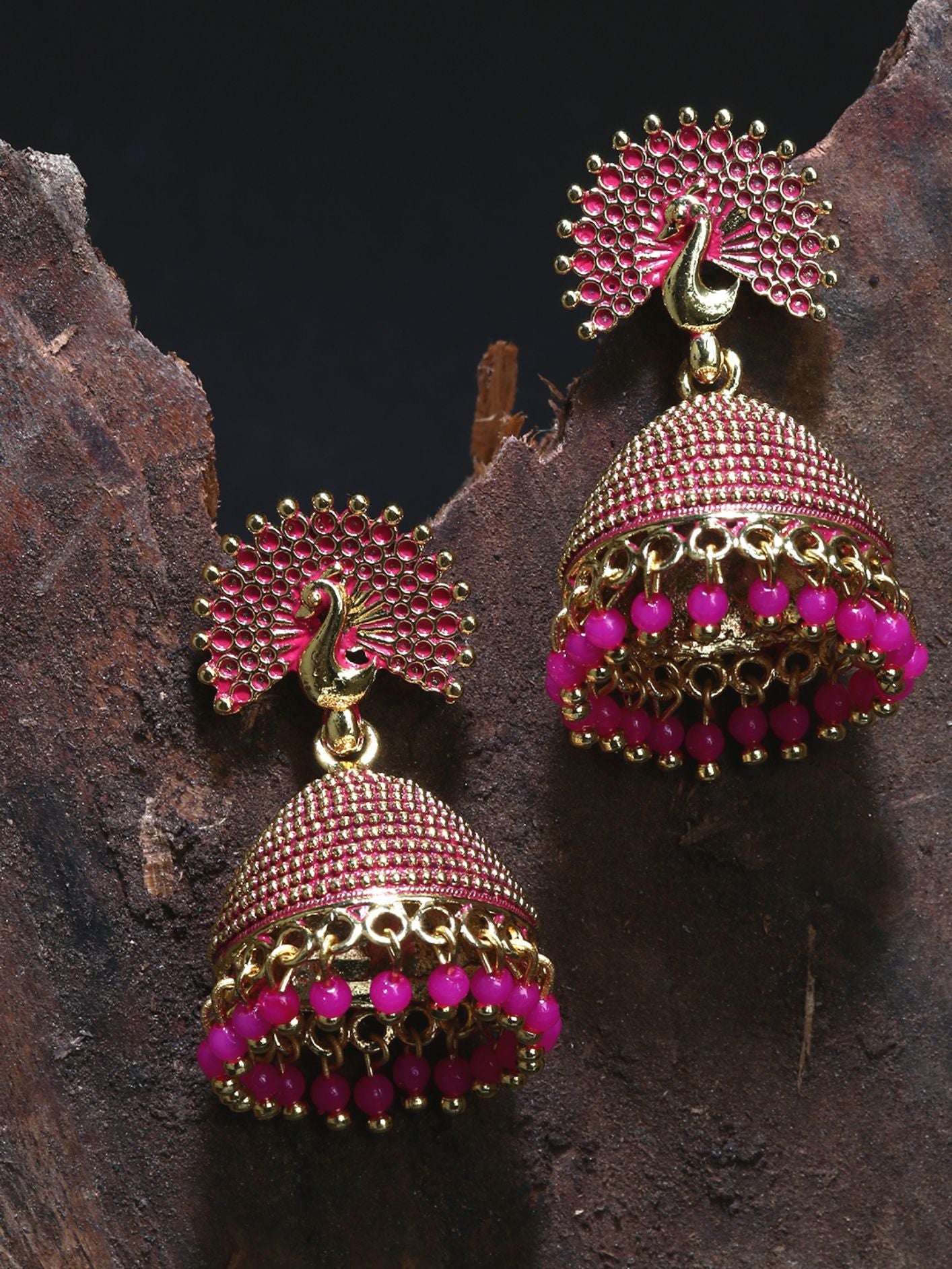 Women's Gold Plated & Pink Peacock Shaped Enamelled Jhumkas