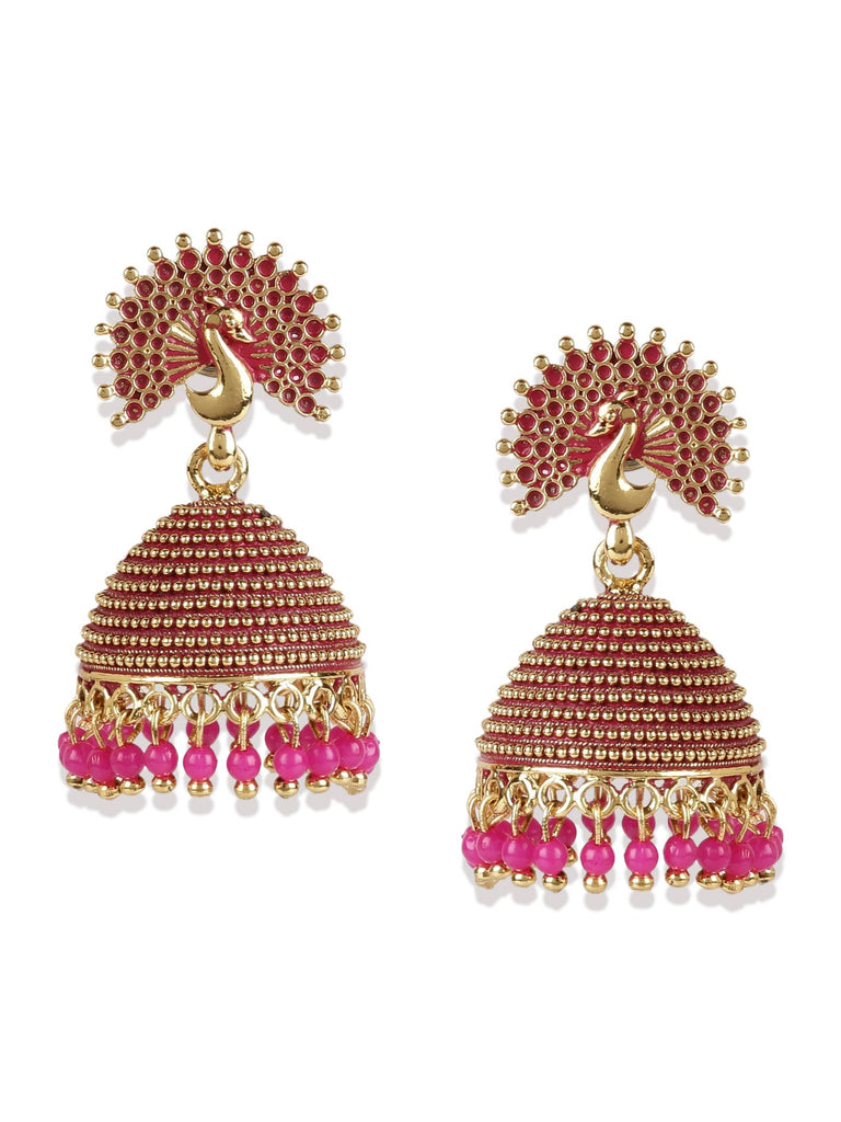 Women's Gold Plated & Pink Peacock Shaped Enamelled Jhumkas