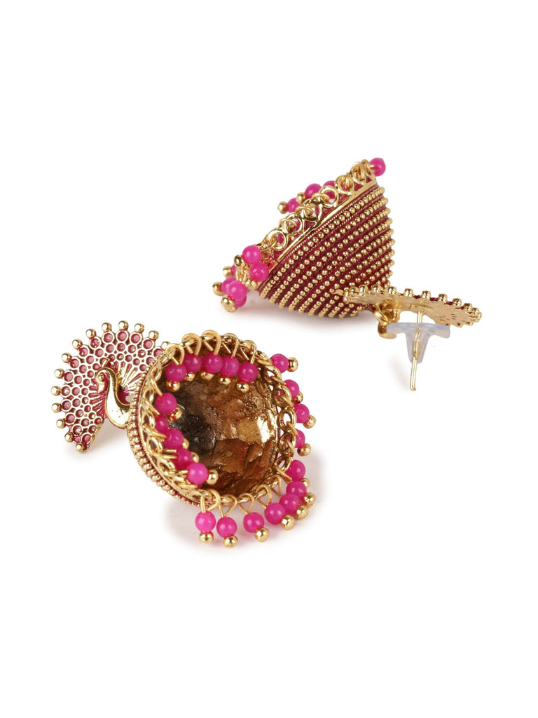Women's Gold Plated & Pink Peacock Shaped Enamelled Jhumkas