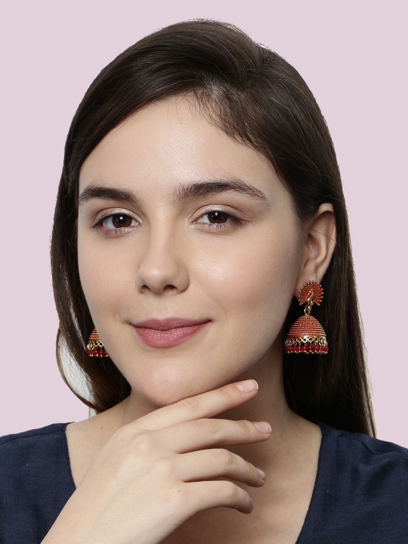 Women's Gold Plated & Red Peacock Shaped Enamelled Jhumkas