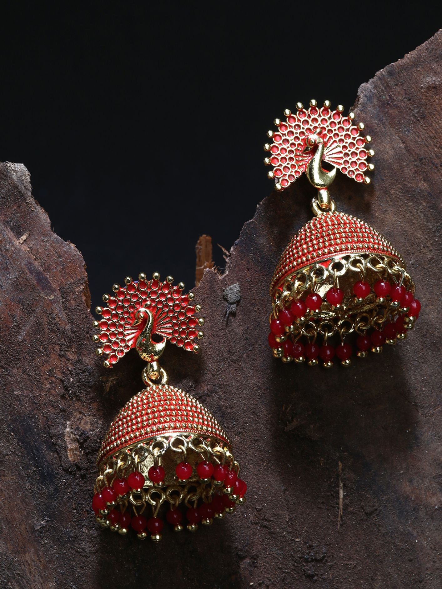 Women's Gold Plated & Red Peacock Shaped Enamelled Jhumkas - Anikas Creation