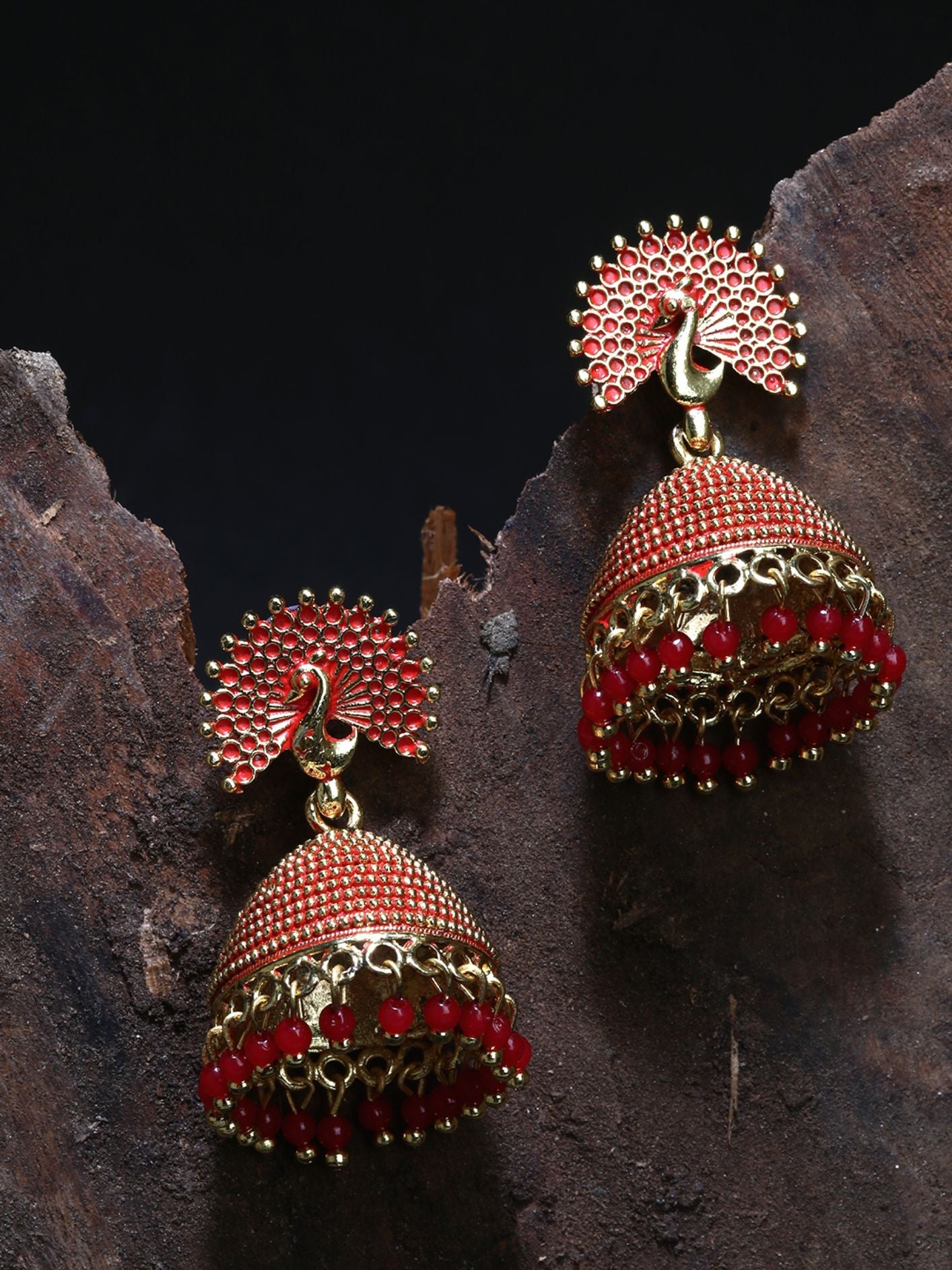 Women's Gold Plated & Red Peacock Shaped Enamelled Jhumkas