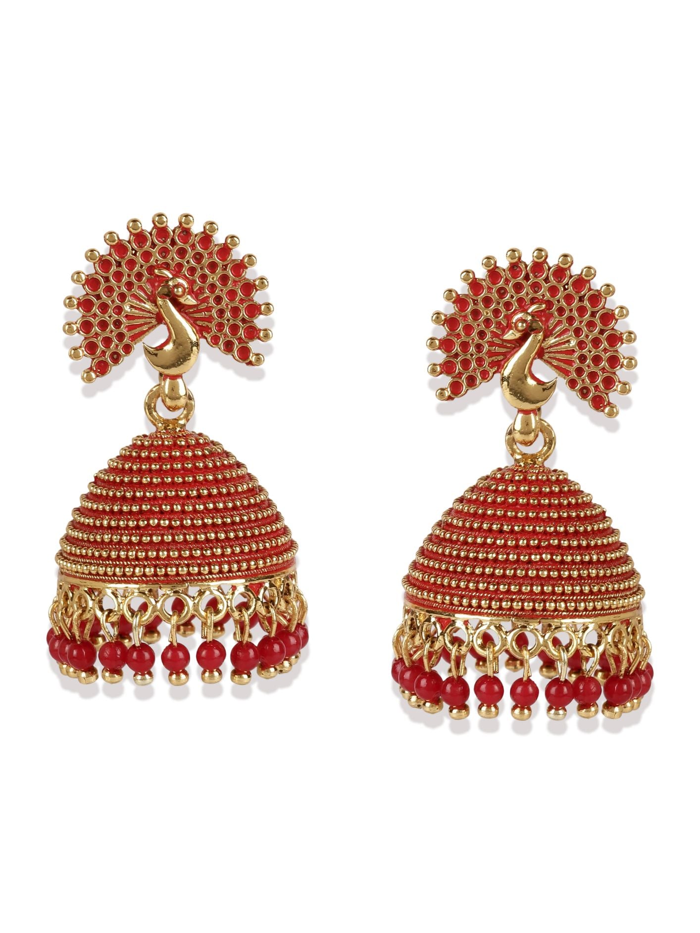 Women's Gold Plated & Red Peacock Shaped Enamelled Jhumkas - Anikas Creation