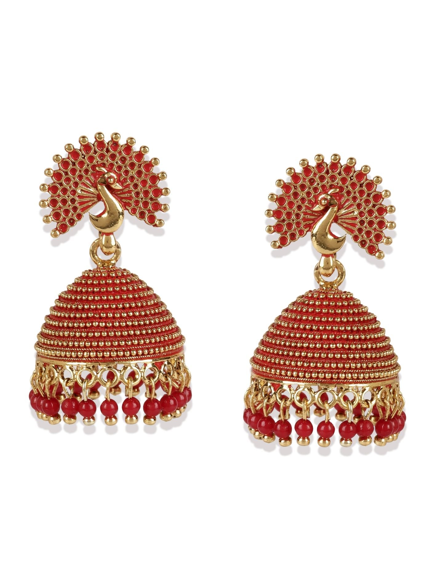 Women's Gold Plated & Red Peacock Shaped Enamelled Jhumkas