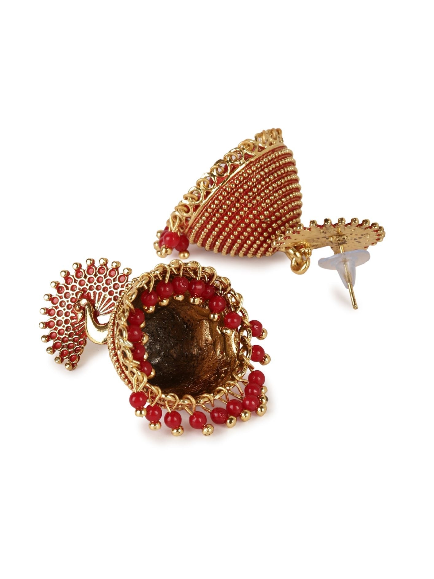 Women's Gold Plated & Red Peacock Shaped Enamelled Jhumkas