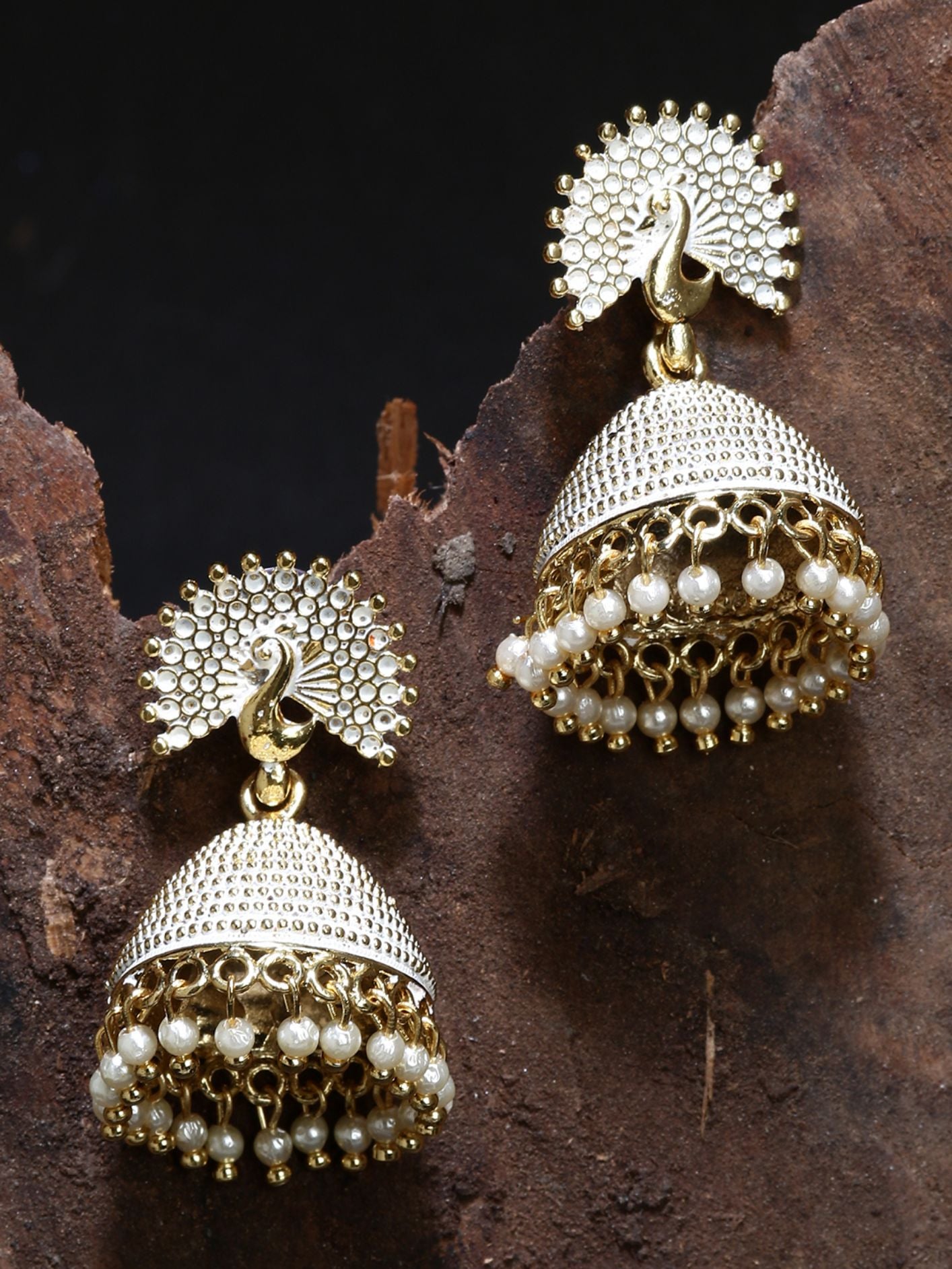 Women's Gold Plated & White Peacock Shaped Enamelled Jhumkas - Anikas Creation