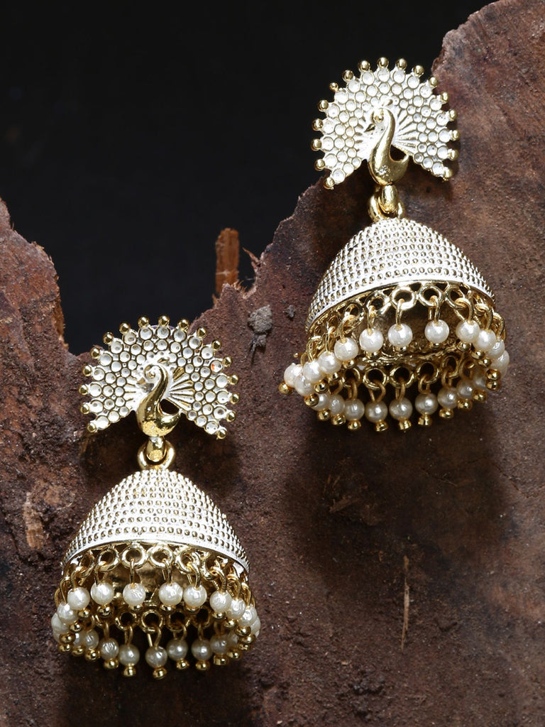 Women's Gold Plated & White Peacock Shaped Enamelled Jhumkas