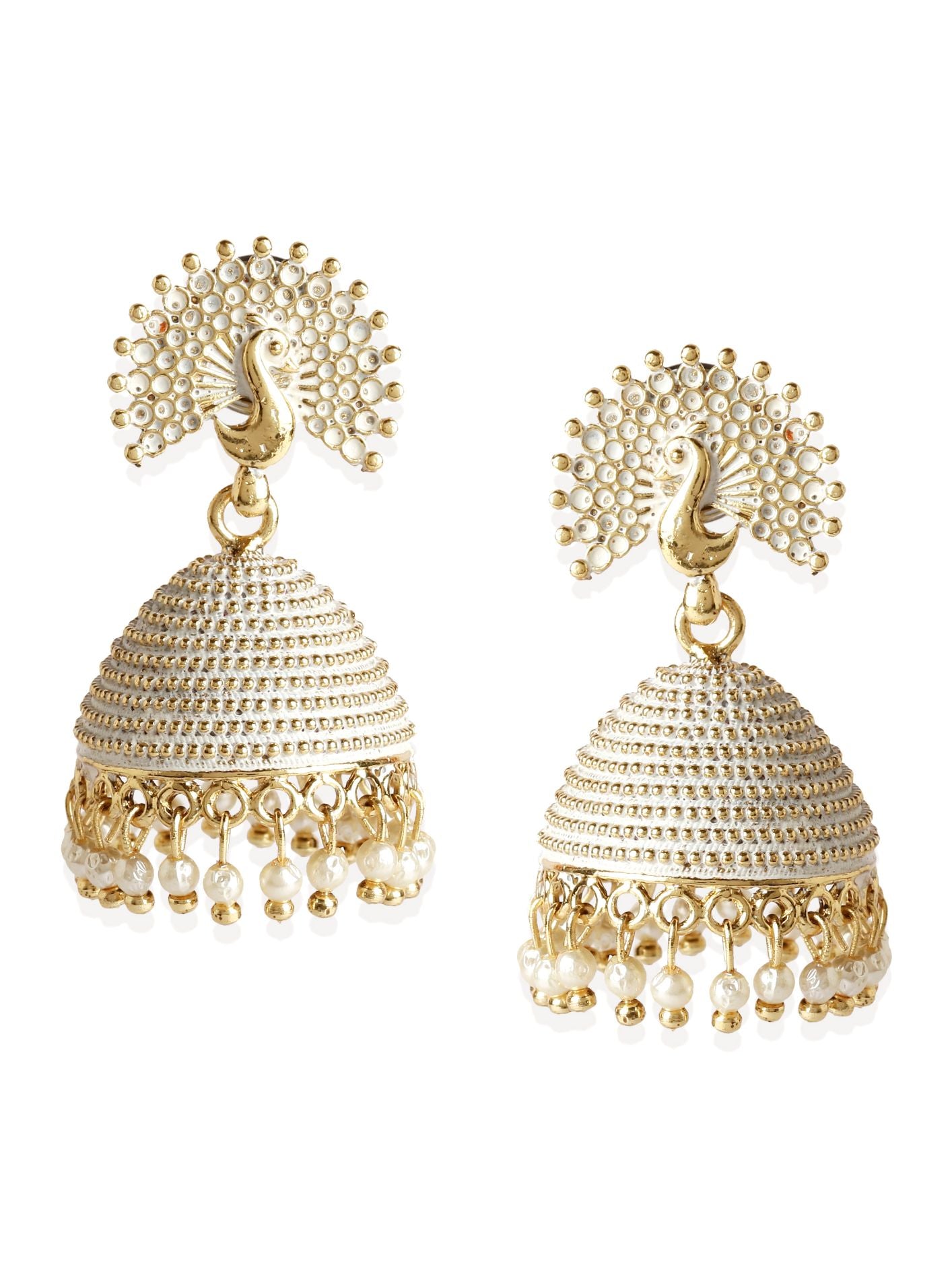 Women's Gold Plated & White Peacock Shaped Enamelled Jhumkas - Anikas Creation
