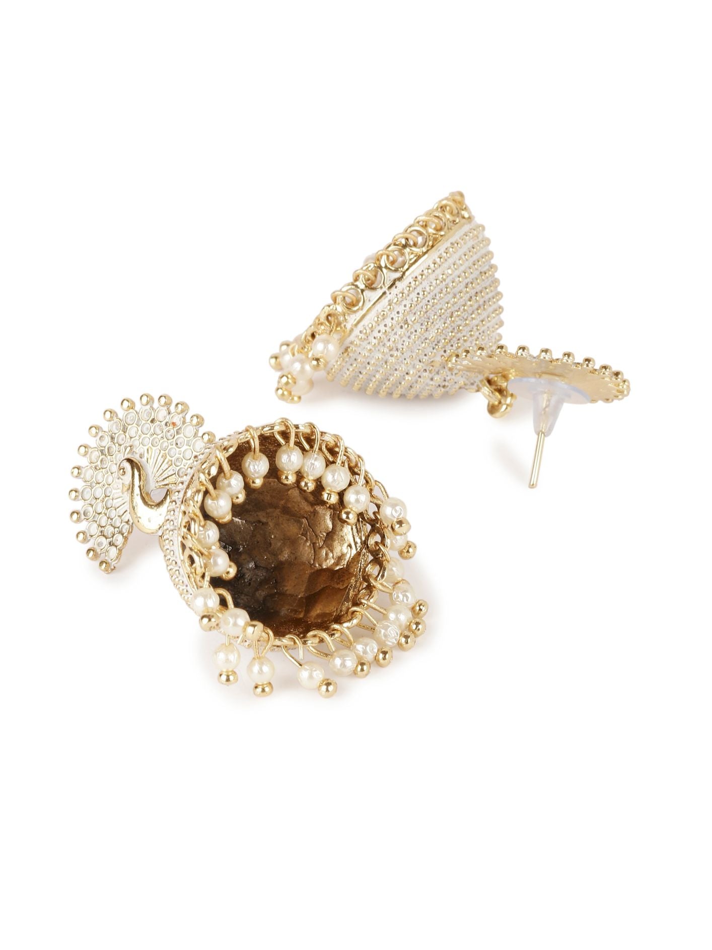 Women's Gold Plated & White Peacock Shaped Enamelled Jhumkas
