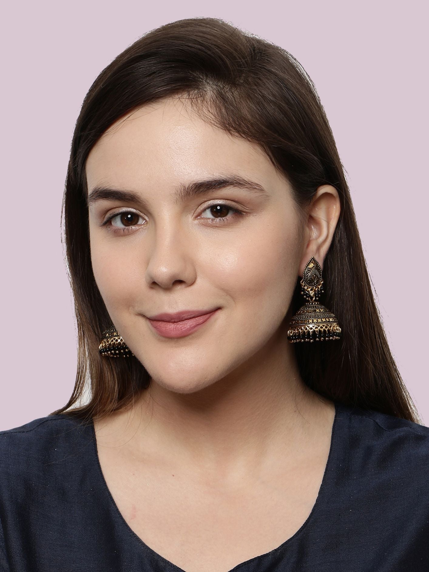 Women's Gold Plated & Black Dome Shaped Enamelled Jhumkas