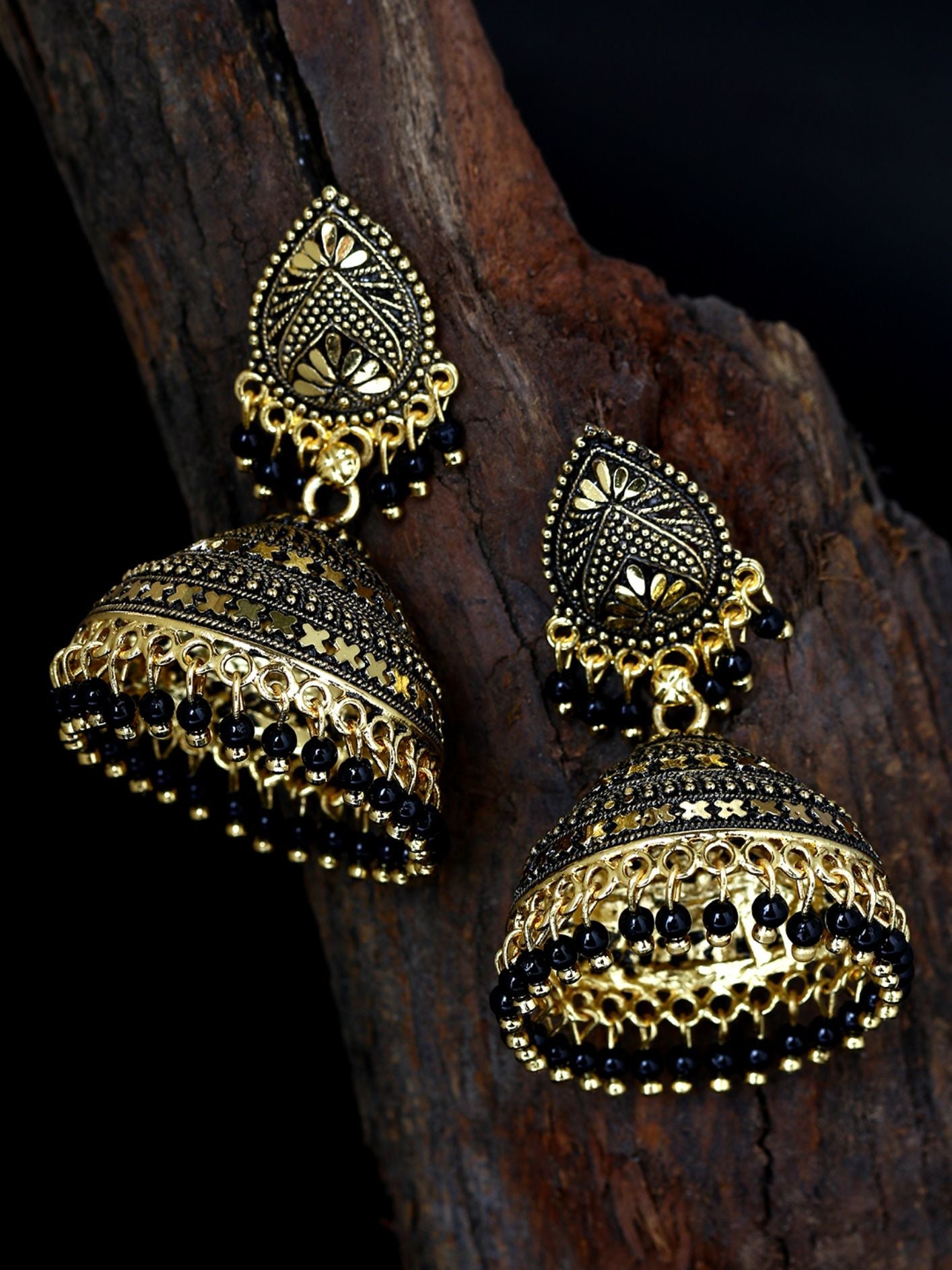 Women's Gold Plated & Black Dome Shaped Enamelled Jhumkas