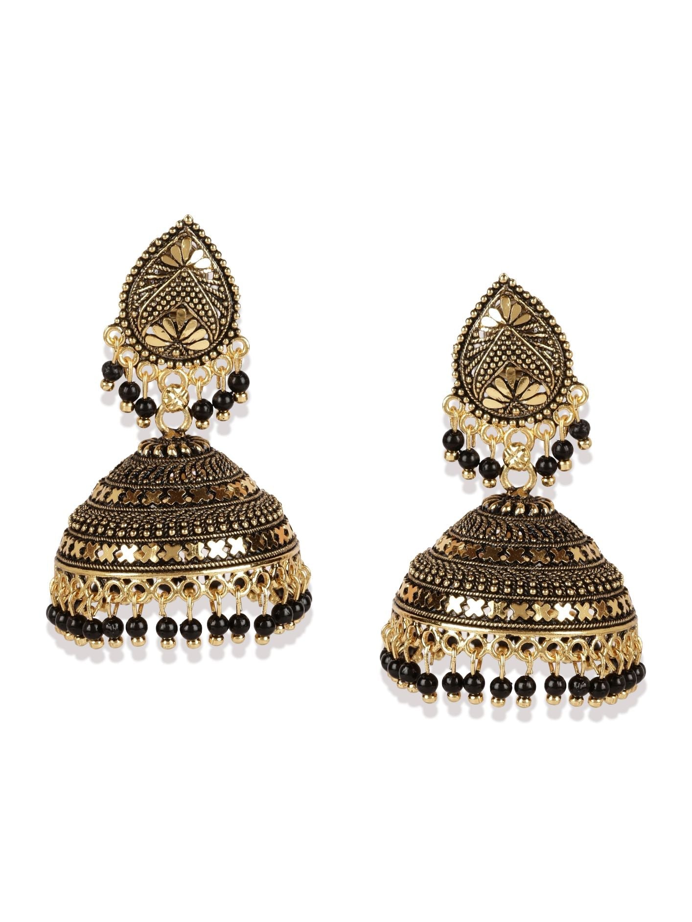 Women's Gold Plated & Black Dome Shaped Enamelled Jhumkas