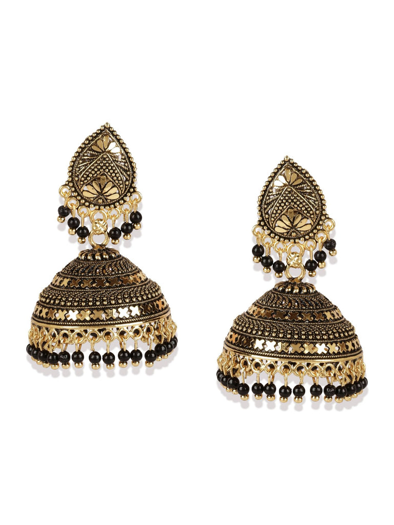 Women's Gold Plated & Black Dome Shaped Enamelled Jhumkas