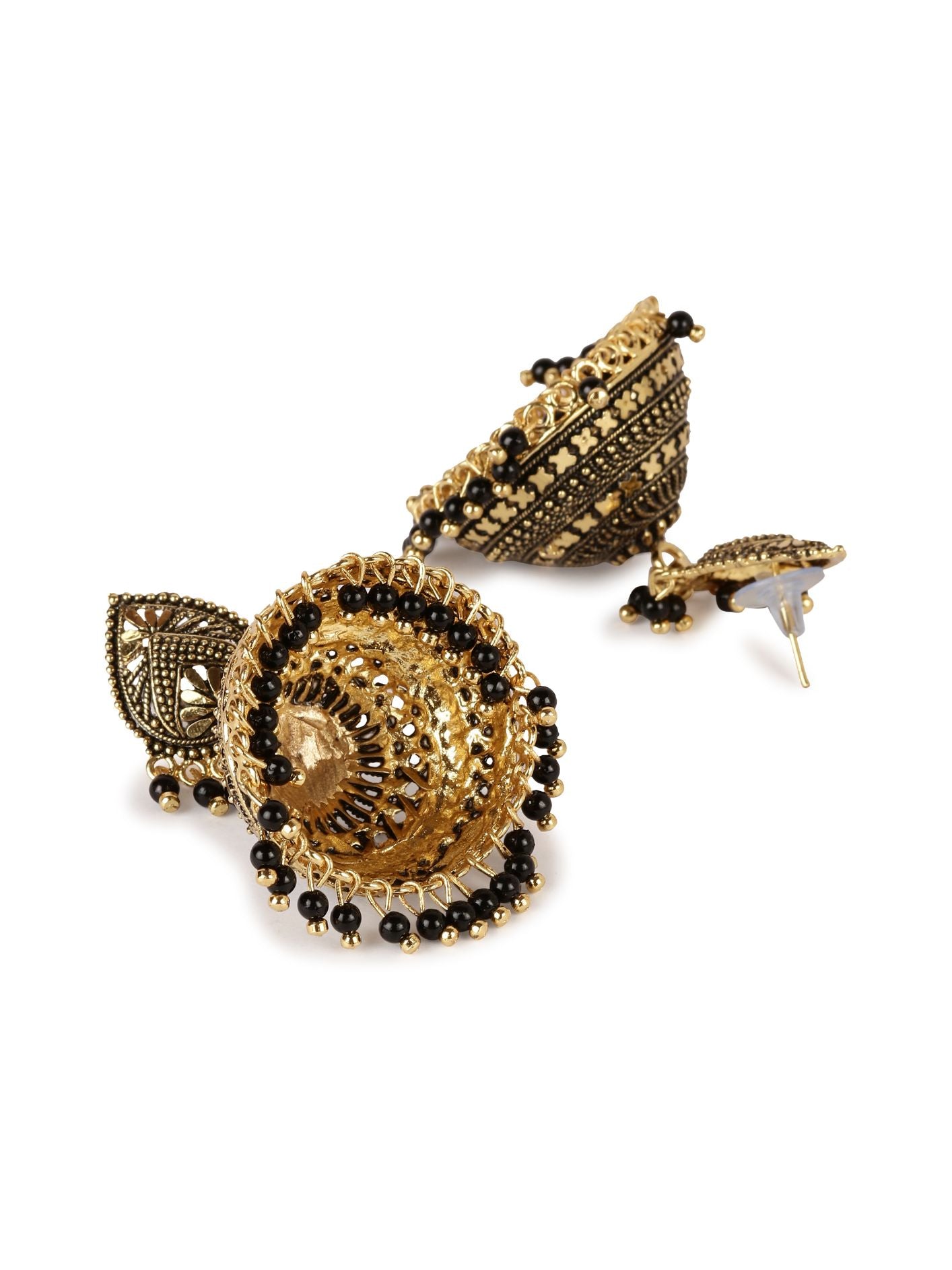 Women's Gold Plated & Black Dome Shaped Enamelled Jhumkas