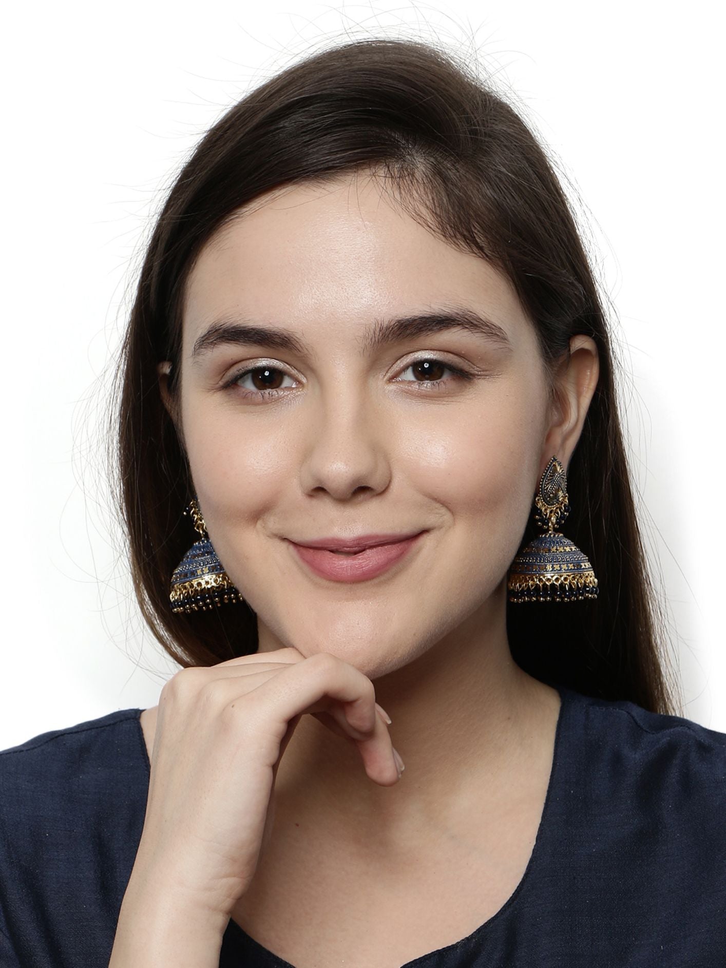 Women's Gold Plated & Blue Enamelled Dome Shaped Jhumkas