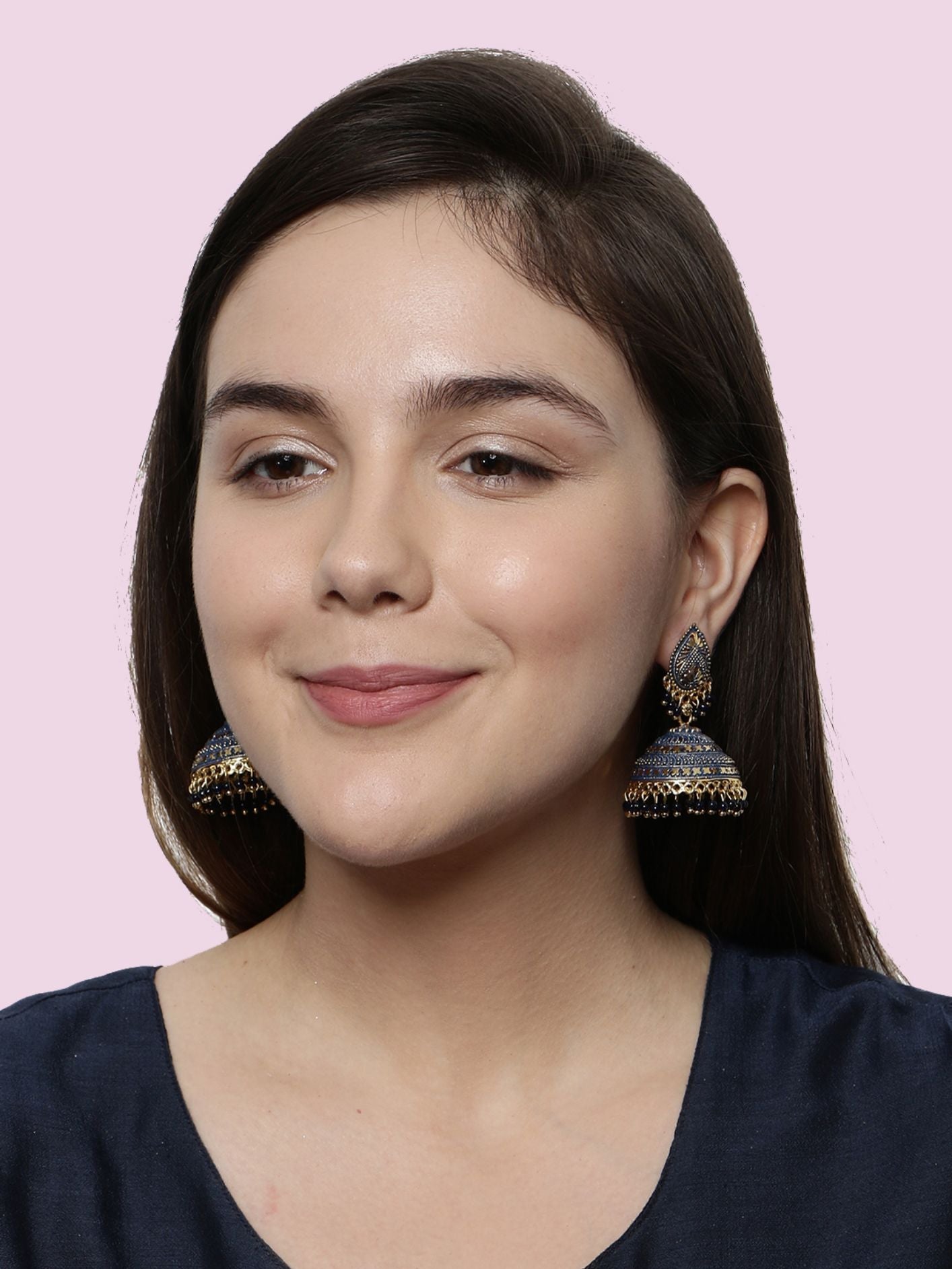Women's Gold Plated & Blue Enamelled Dome Shaped Jhumkas