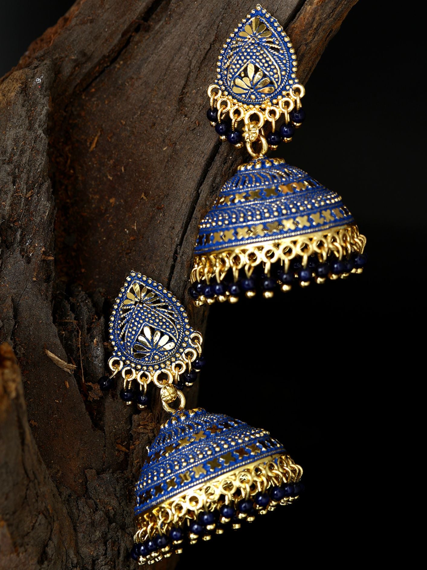 Women's Gold Plated & Blue Enamelled Dome Shaped Jhumkas - Anikas Creation