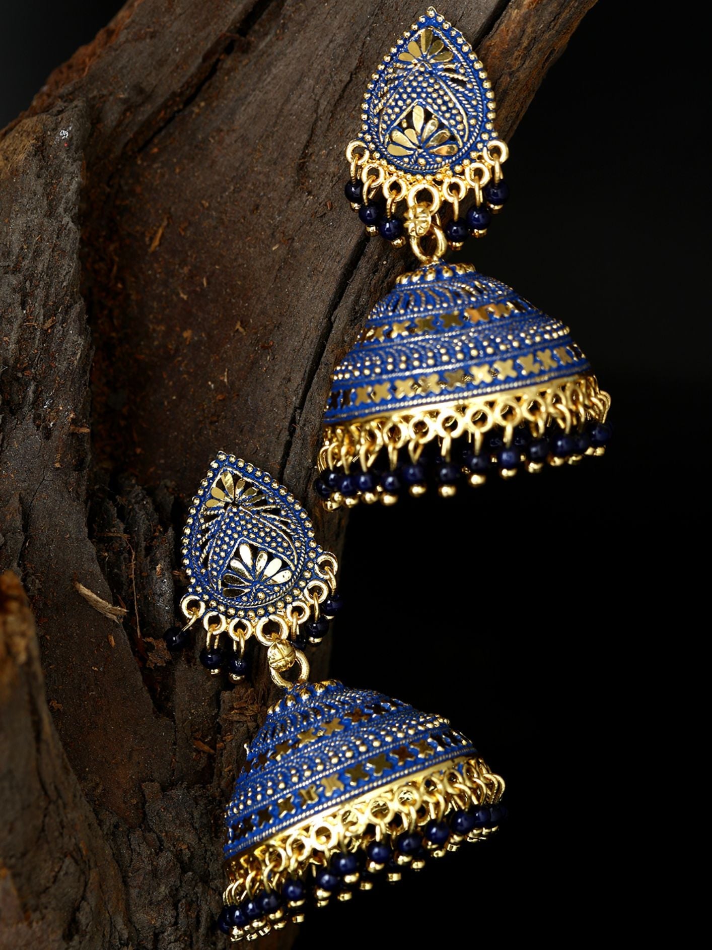 Women's Gold Plated & Blue Enamelled Dome Shaped Jhumkas