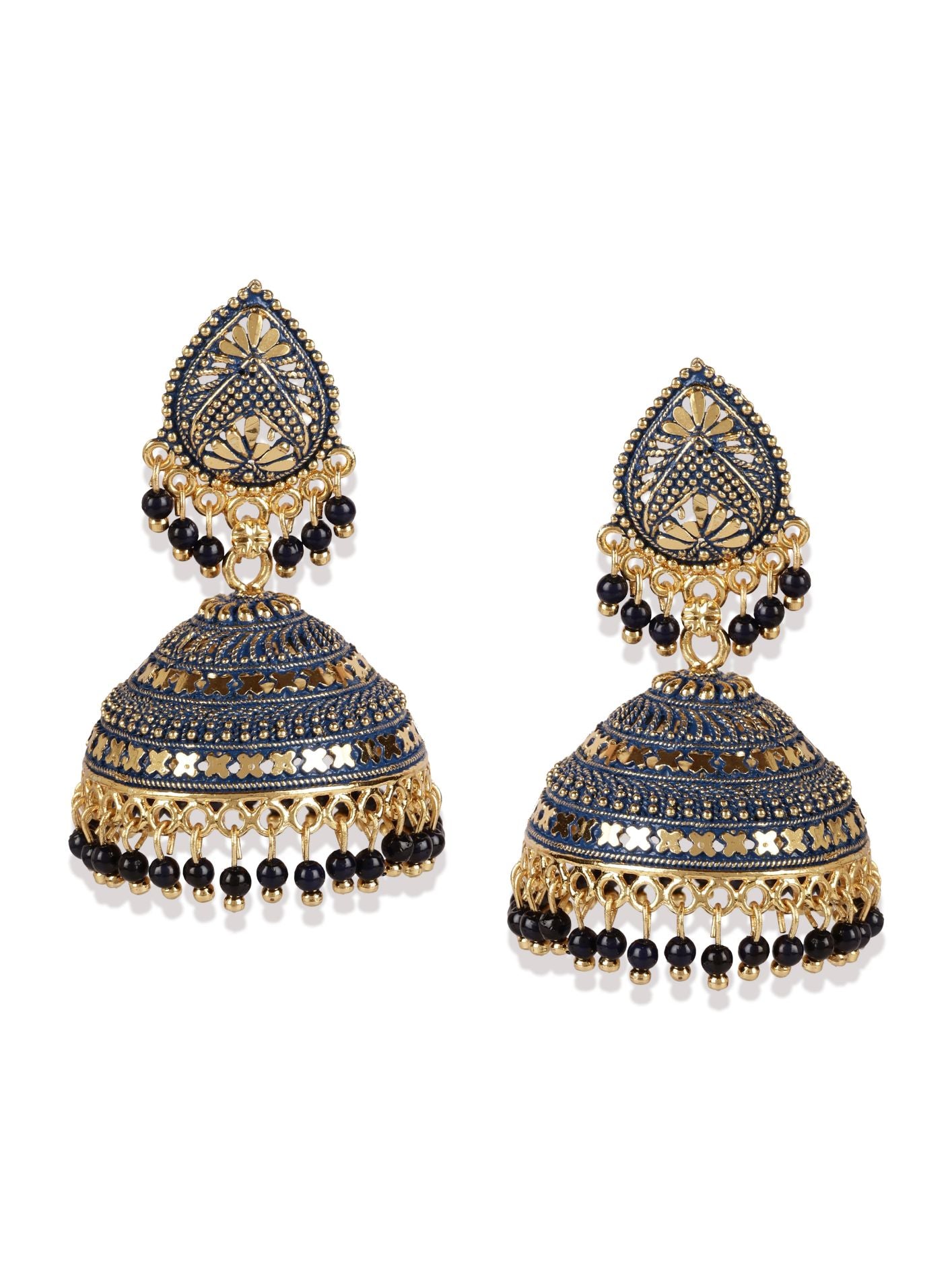 Women's Gold Plated & Blue Enamelled Dome Shaped Jhumkas - Anikas Creation
