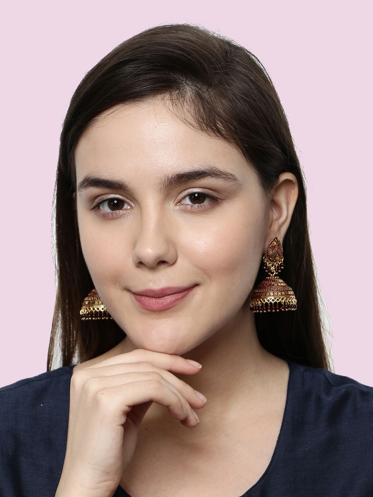 Women's Gold Plated & Maroon Enamelled Dome Shaped Jhumkas