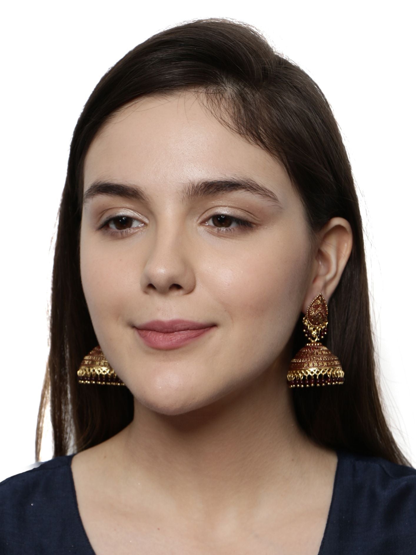 Women's Gold Plated & Maroon Enamelled Dome Shaped Jhumkas