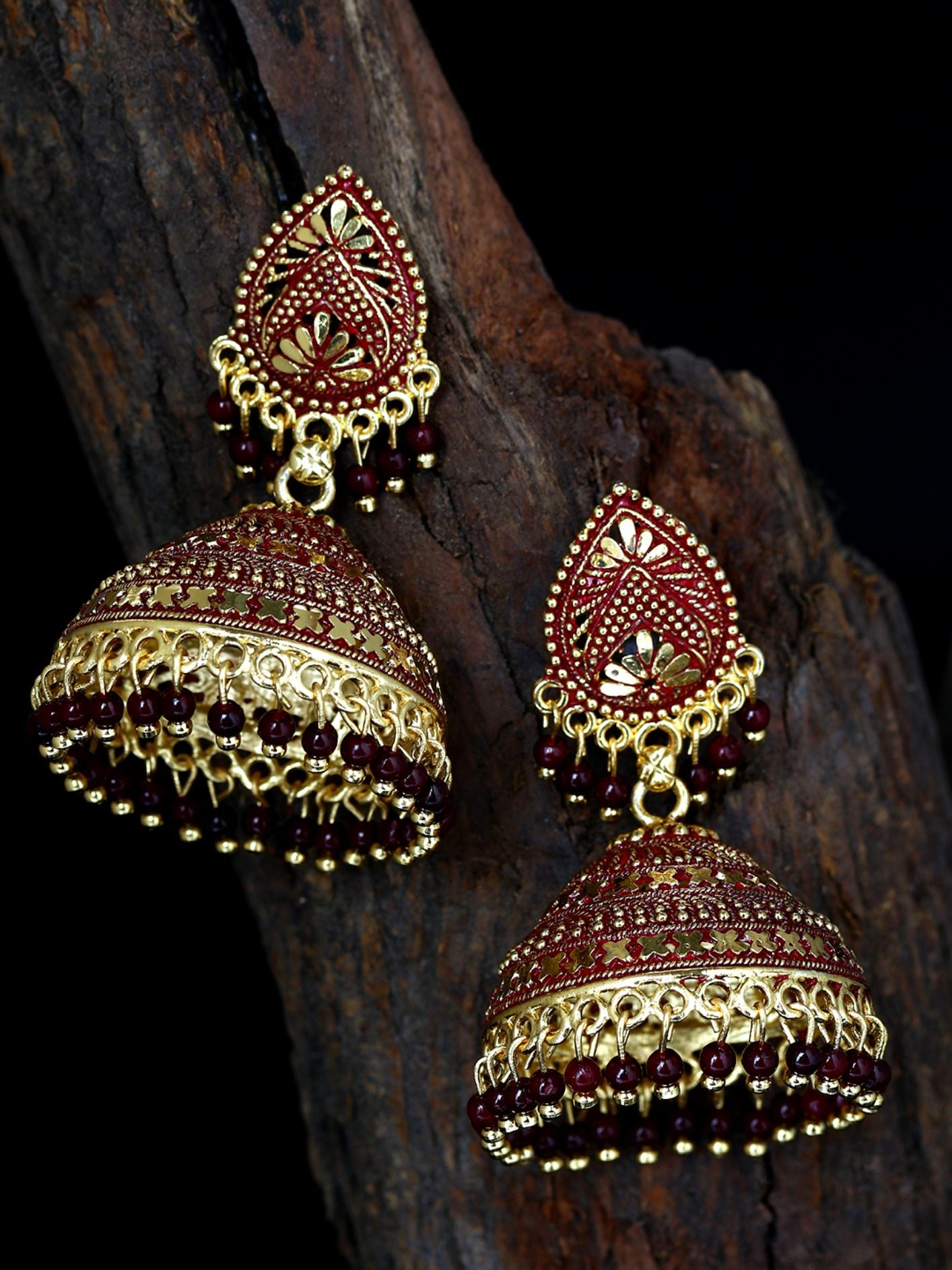 Women's Gold Plated & Maroon Enamelled Dome Shaped Jhumkas - Anikas Creation