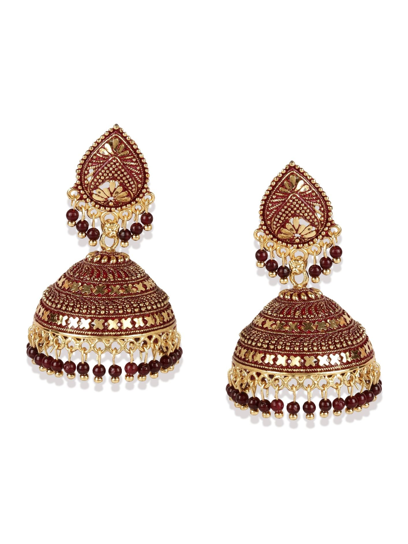 Women's Gold Plated & Maroon Enamelled Dome Shaped Jhumkas - Anikas Creation