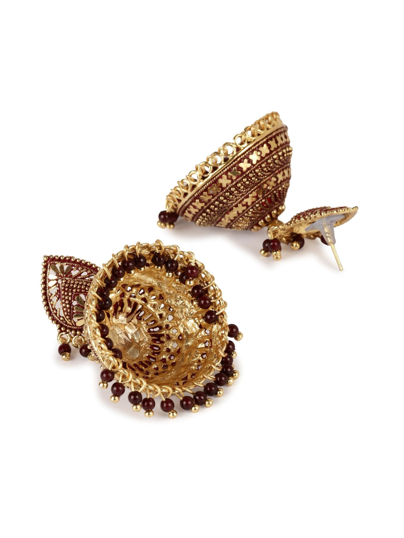 Women's Gold Plated & Maroon Enamelled Dome Shaped Jhumkas