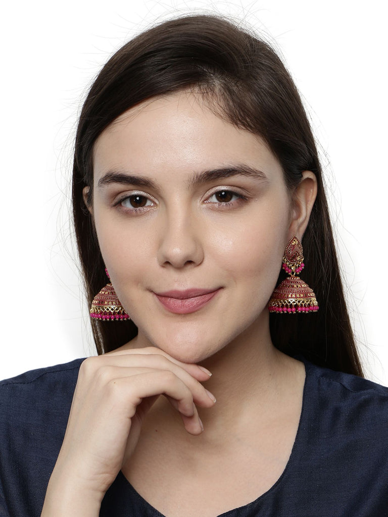 Women's Gold Plated & Pink Enamelled Dome Shaped Jhumkas