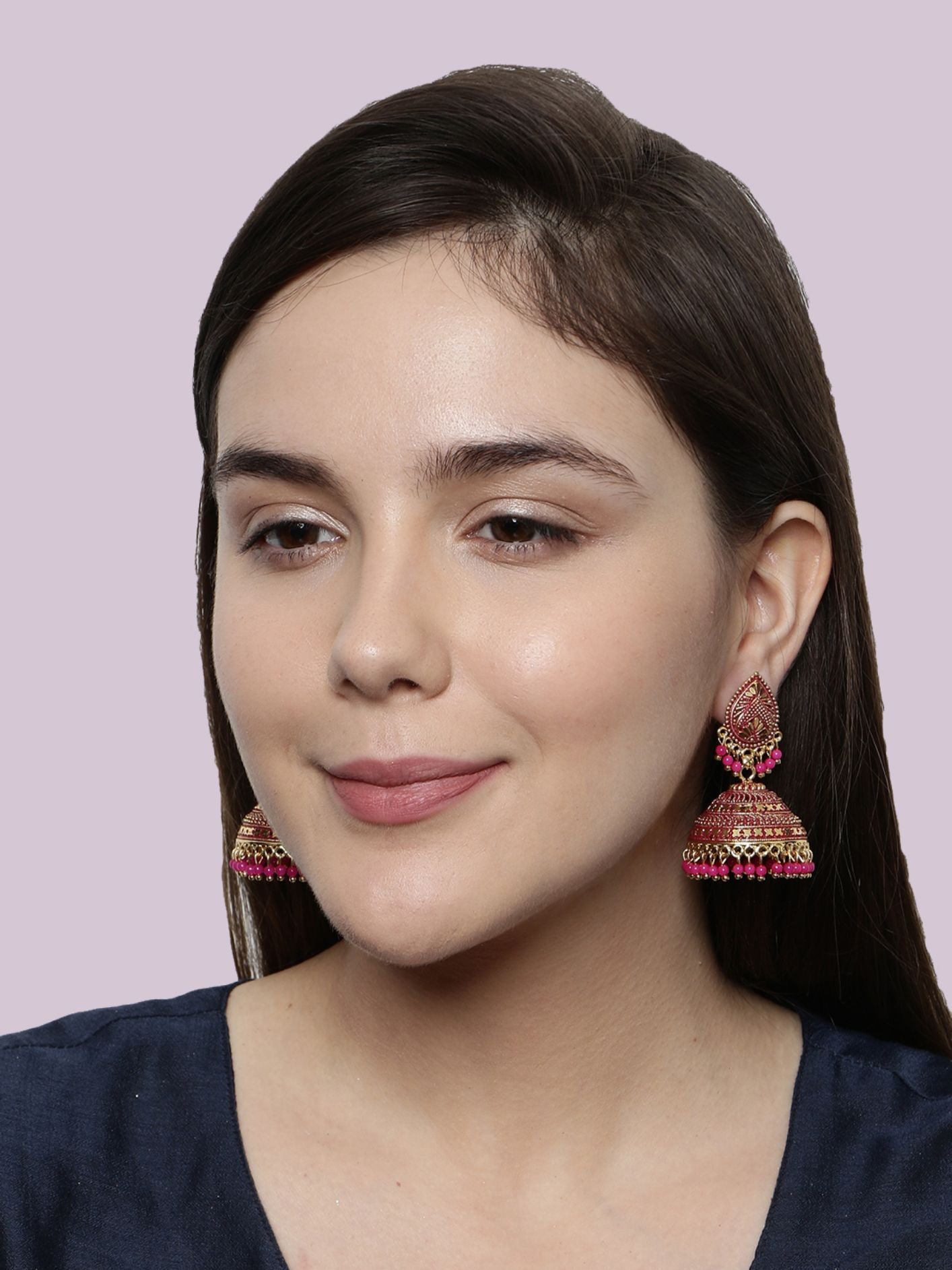 Women's Gold Plated & Pink Enamelled Dome Shaped Jhumkas