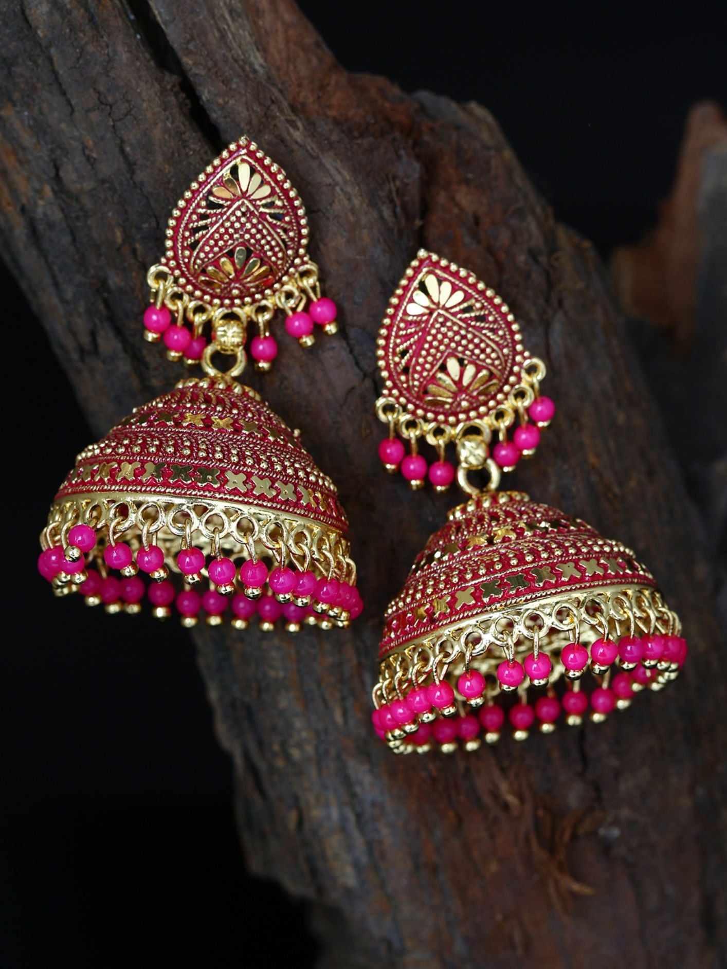 Women's Gold Plated & Pink Enamelled Dome Shaped Jhumkas - Anikas Creation