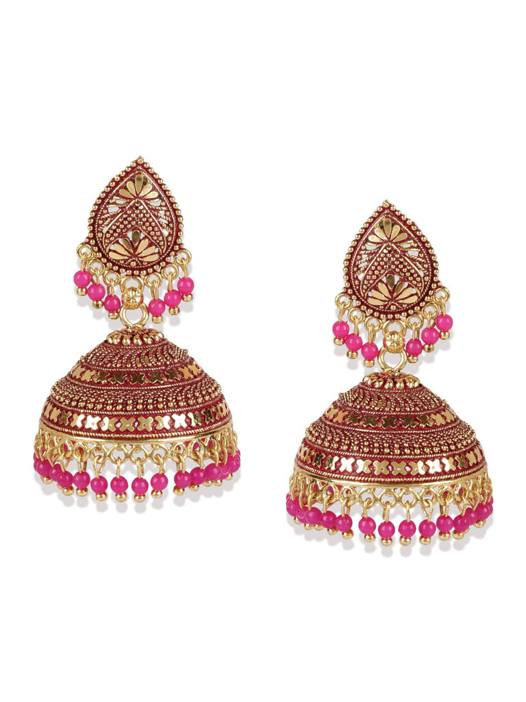 Women's Gold Plated & Pink Enamelled Dome Shaped Jhumkas