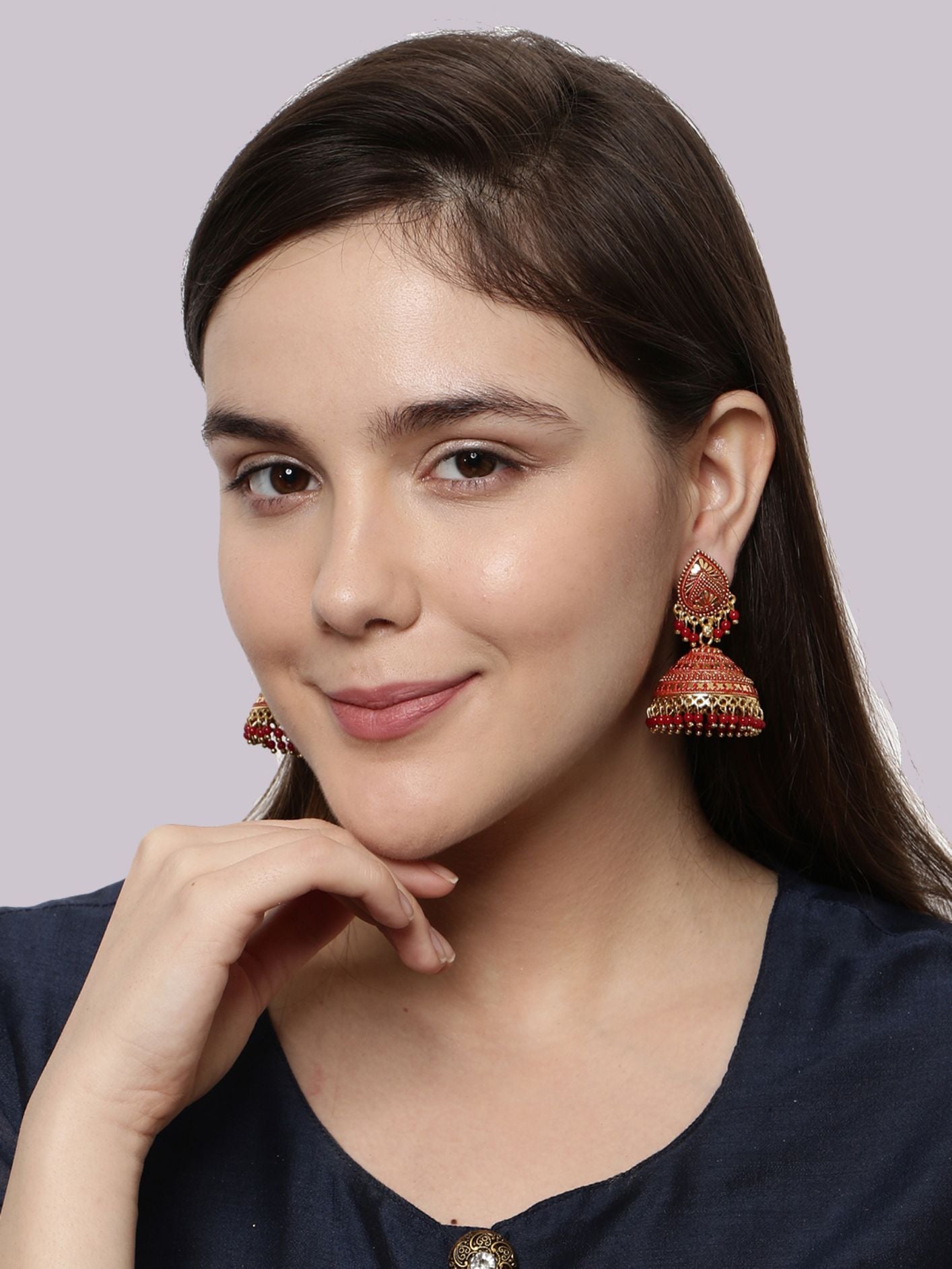 Women's Gold Plated & Red Dome Shaped Enamelled Jhumkas - Anikas Creation