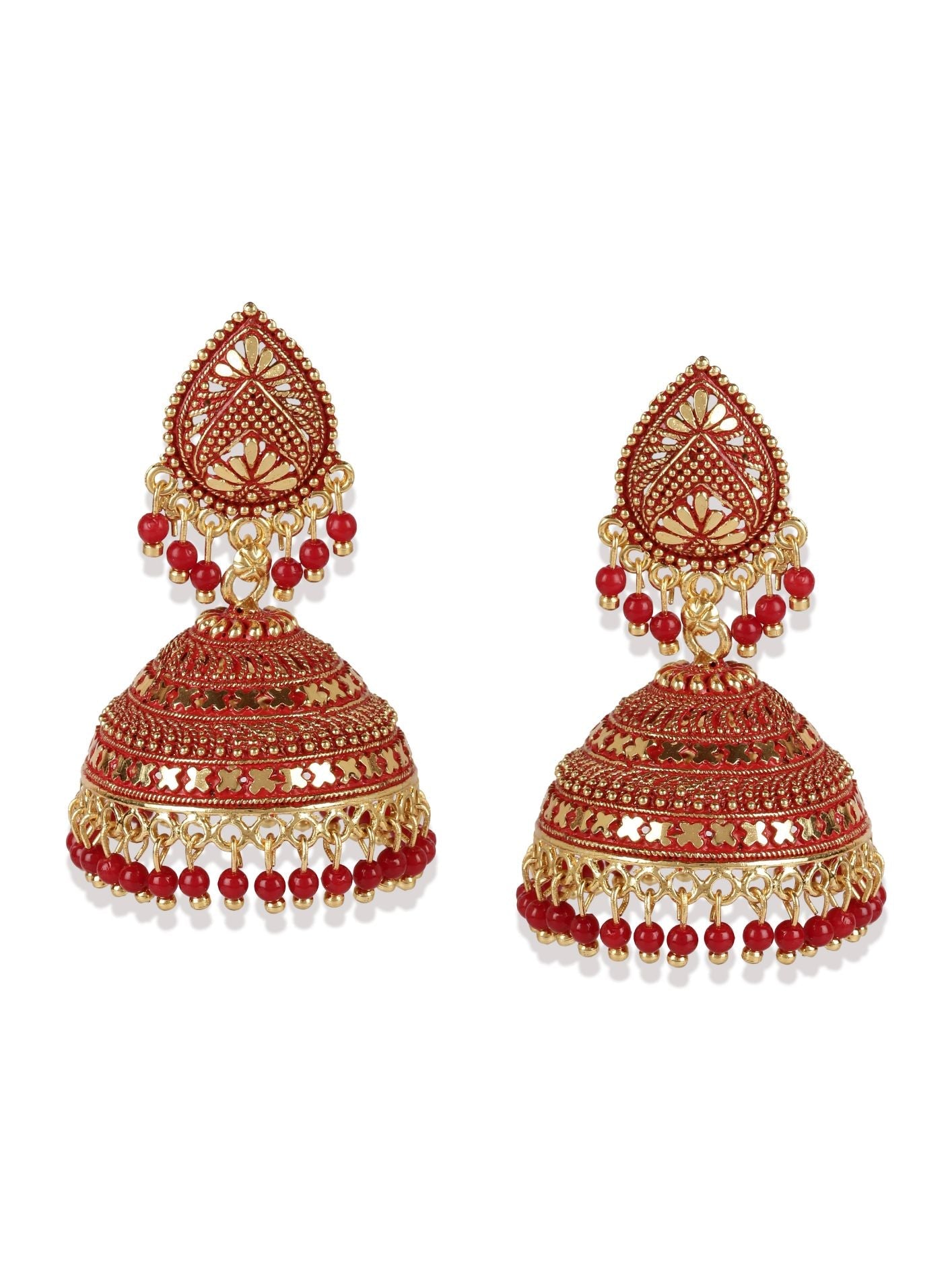 Women's Gold Plated & Red Dome Shaped Enamelled Jhumkas