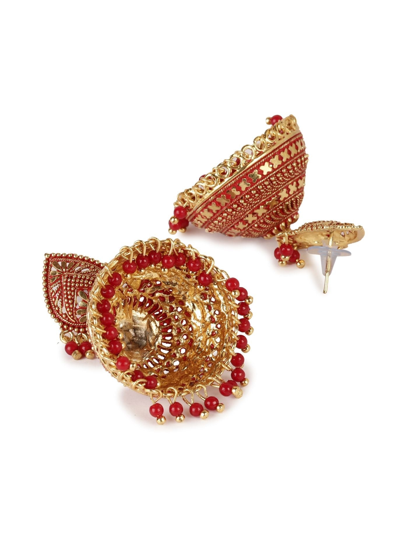 Women's Gold Plated & Red Dome Shaped Enamelled Jhumkas