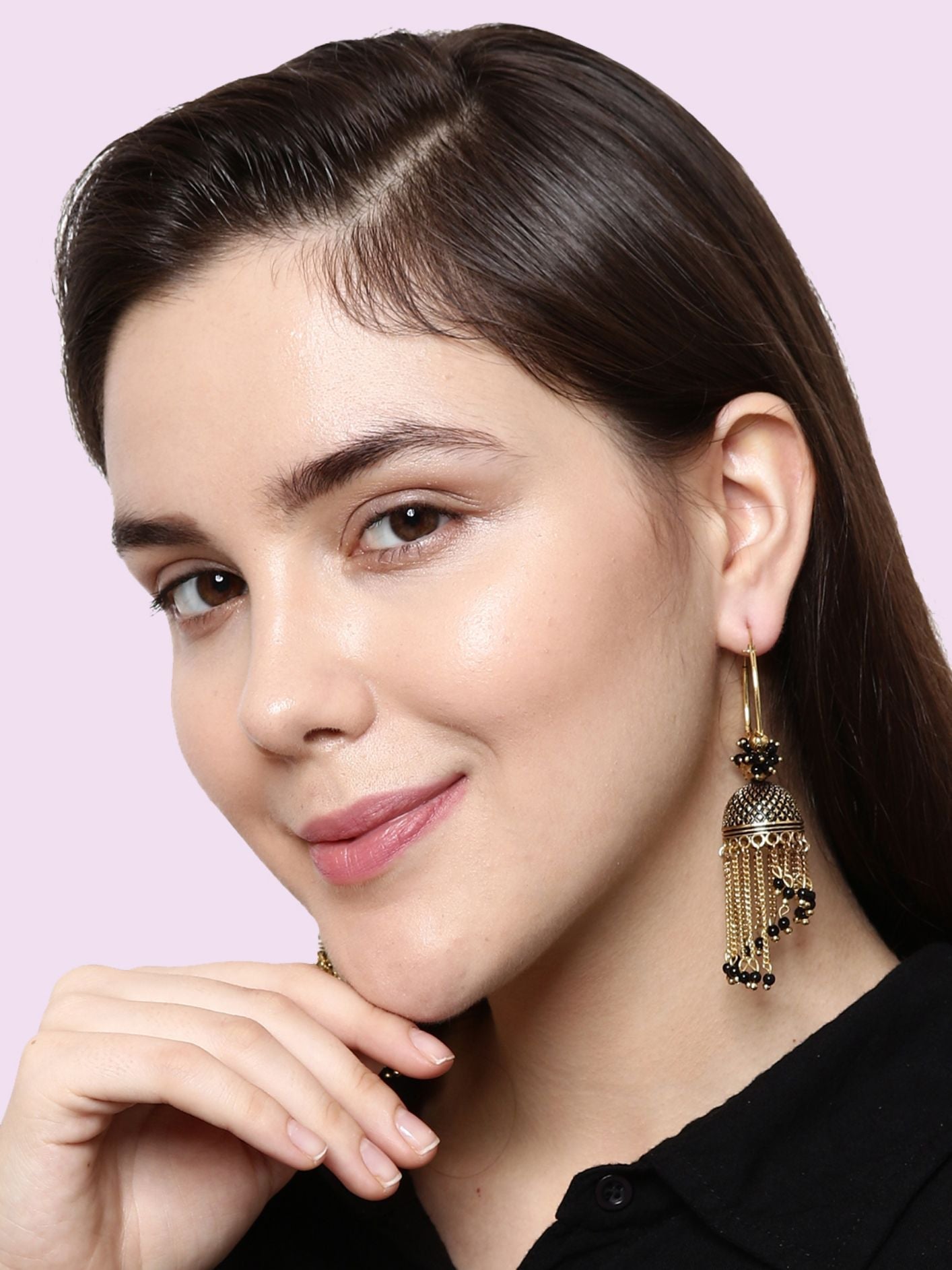 Women's Black & Gold-Plated Enamelled Dome Shaped Jhumkas