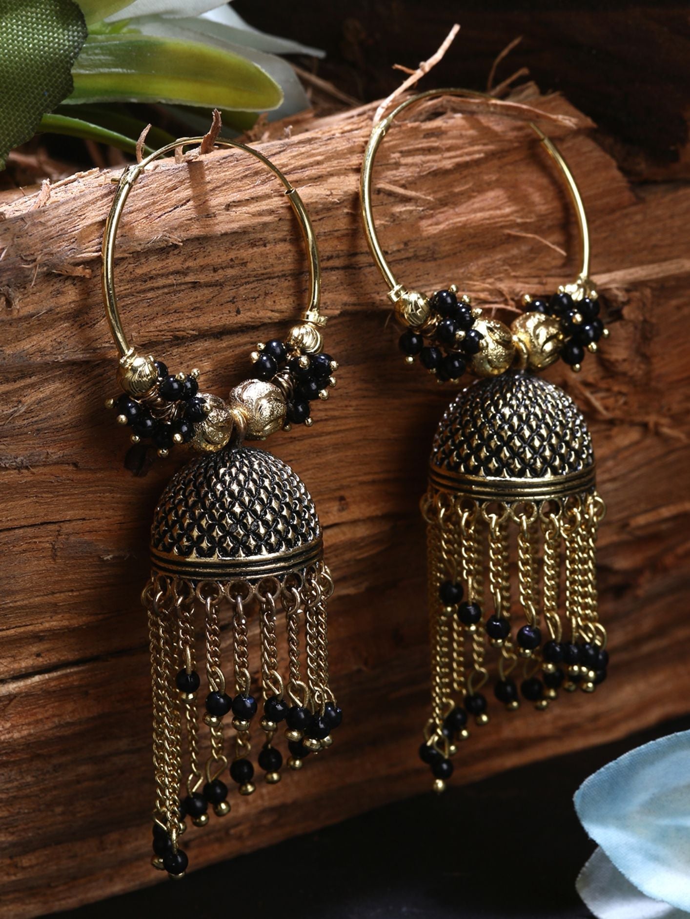 Women's Black & Gold-Plated Enamelled Dome Shaped Jhumkas