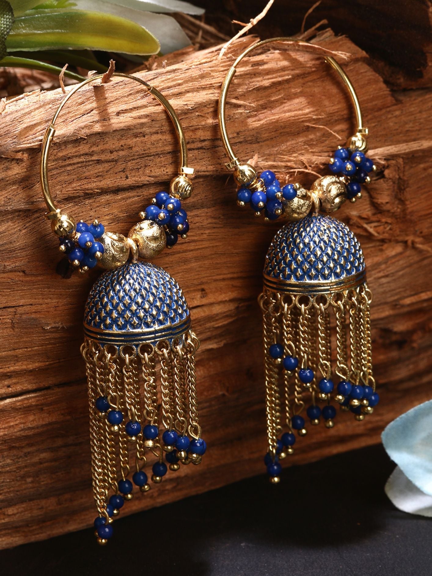 Women's Blue & Gold-Plated Enamelled Dome Shaped Jhumkas