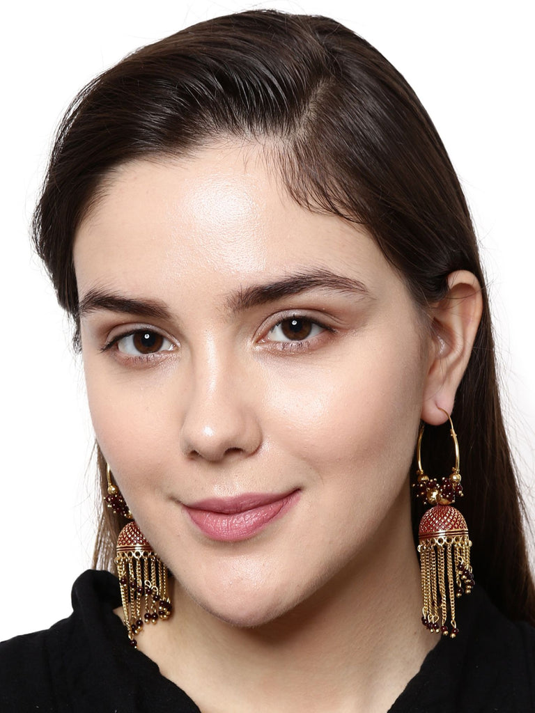 Women's Maroon & Gold-Plated Enamelled Dome Shaped Jhumkas