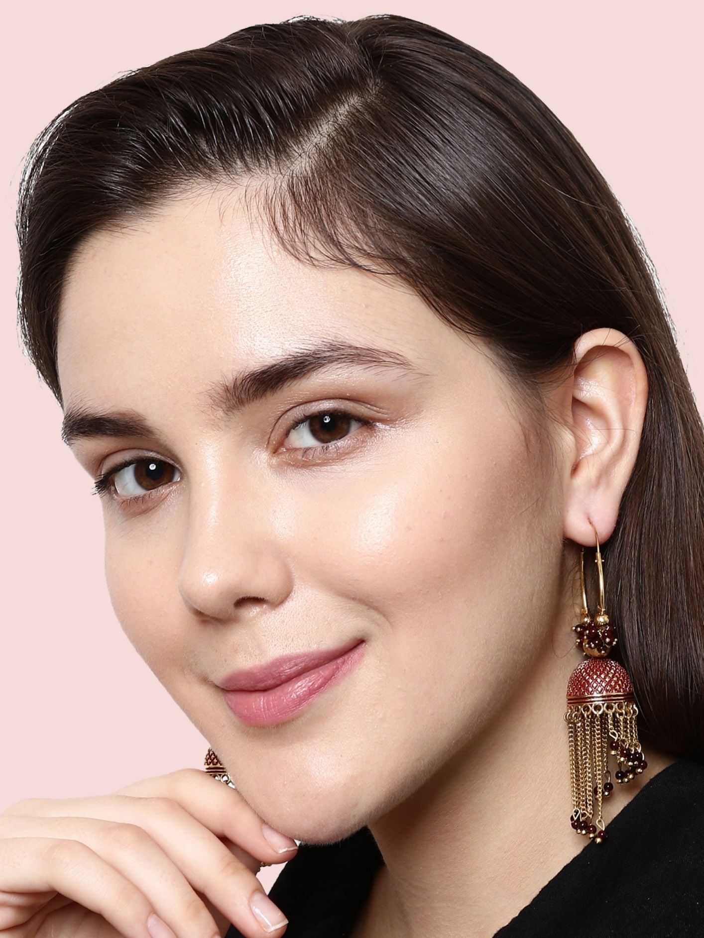Women's Maroon & Gold-Plated Enamelled Dome Shaped Jhumkas
