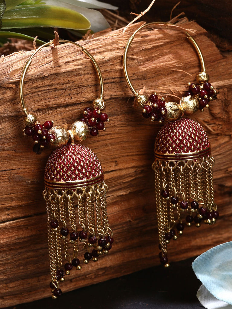Women's Maroon & Gold-Plated Enamelled Dome Shaped Jhumkas